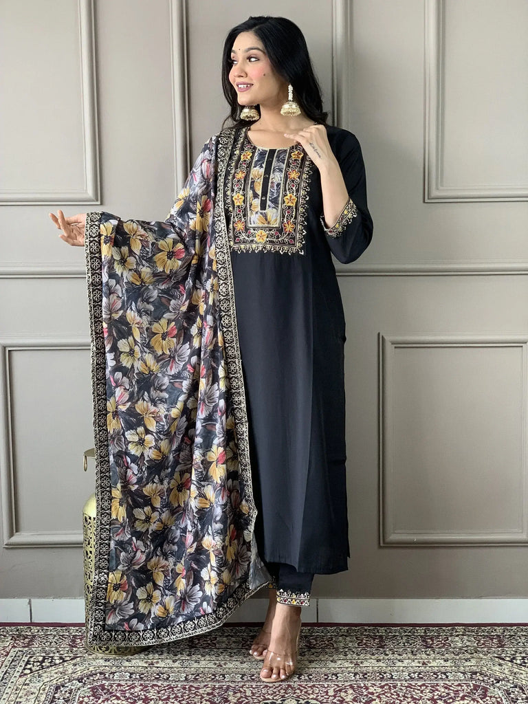 Magnetic Black Embroidery Work Chanderi Silk Event Wear Pant Suit
