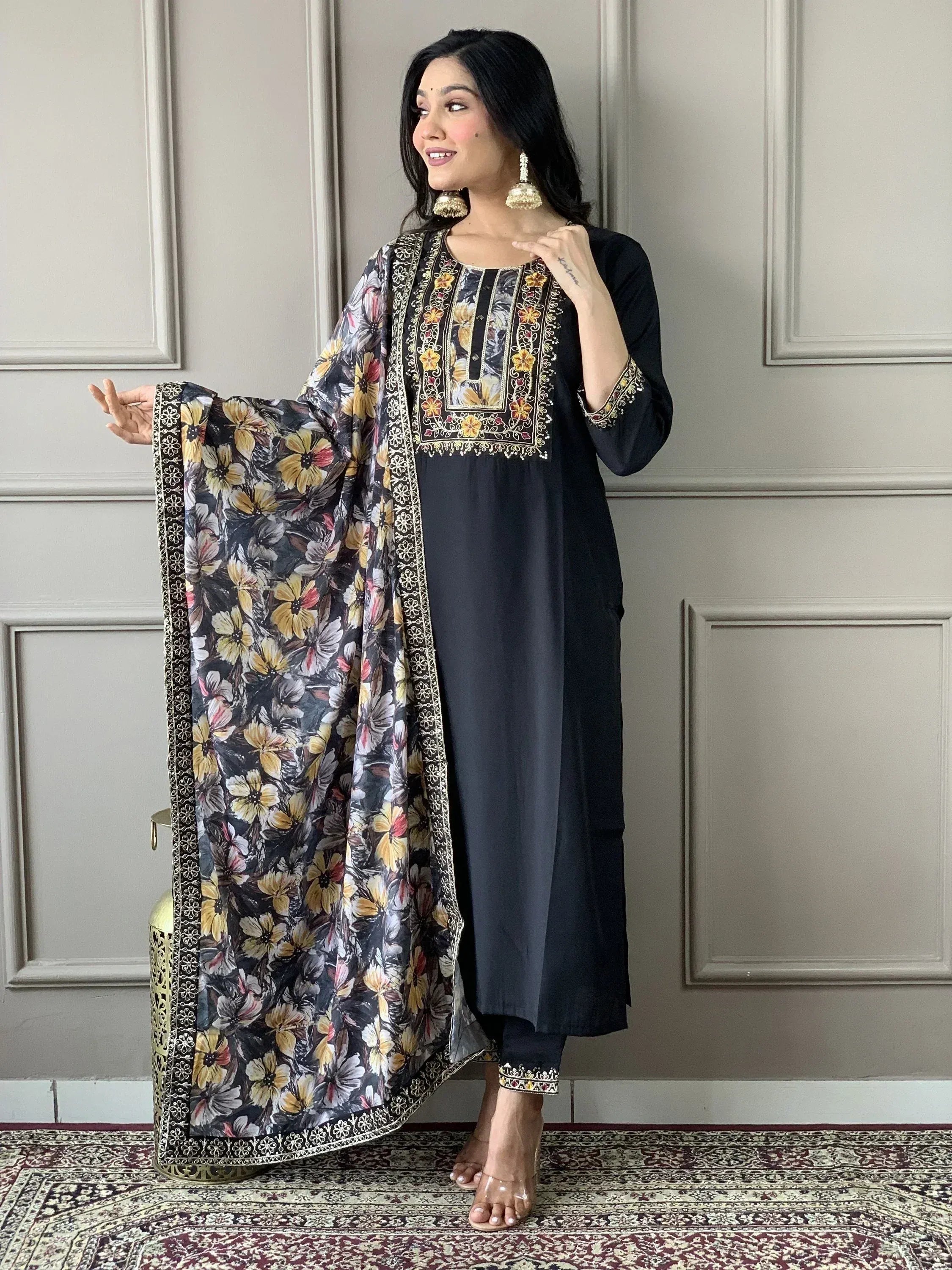 Black embroidered kurta with floral dupatta, Indian ethnic wear