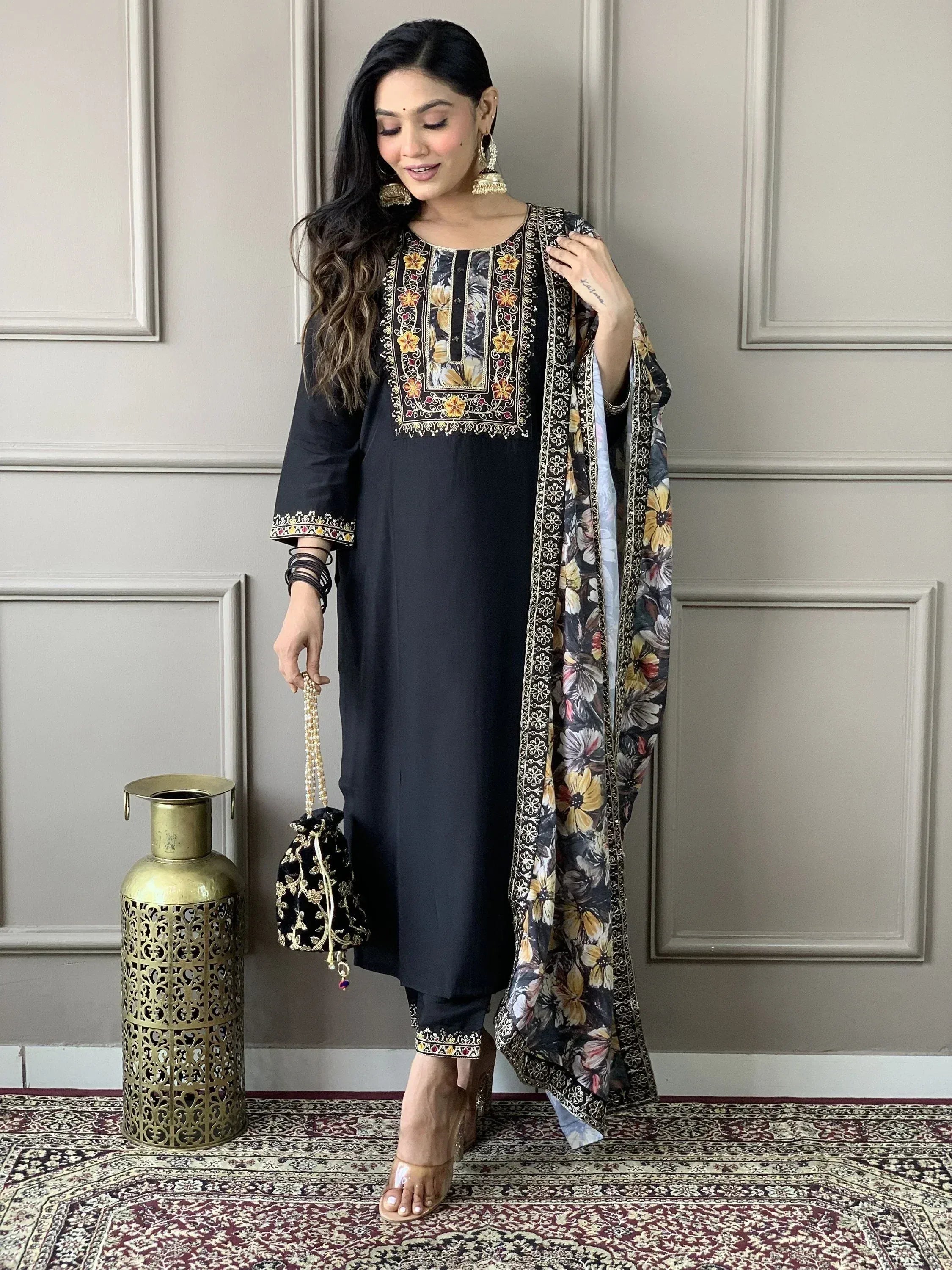 Black embroidered kurta with floral dupatta, ethnic wear for women, designer salwar kameez set