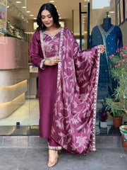 Adorable Wine Embroidery Work Chanderi Silk Function Wear Pant Suit
