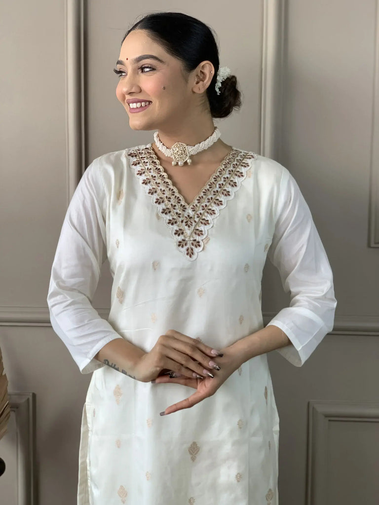 Wonderful White Embroidery Work Nylon Festival Wear Pant Suit