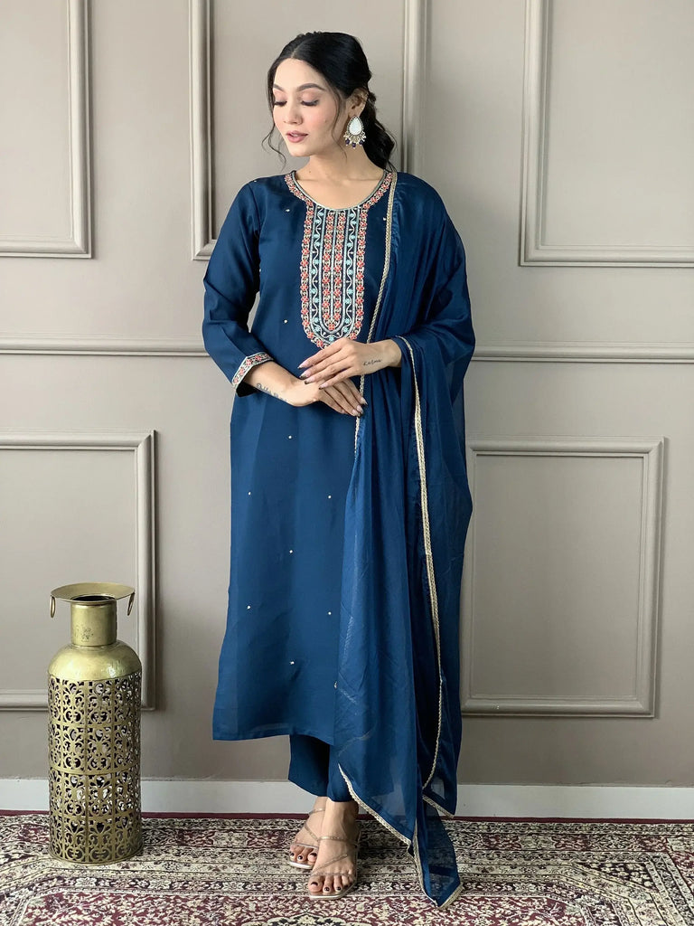Endearing Blue Embroidery Work Chanderi Silk Event Wear Pant Suit
