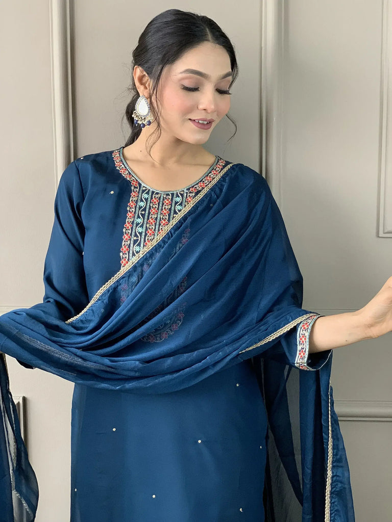 Endearing Blue Embroidery Work Chanderi Silk Event Wear Pant Suit