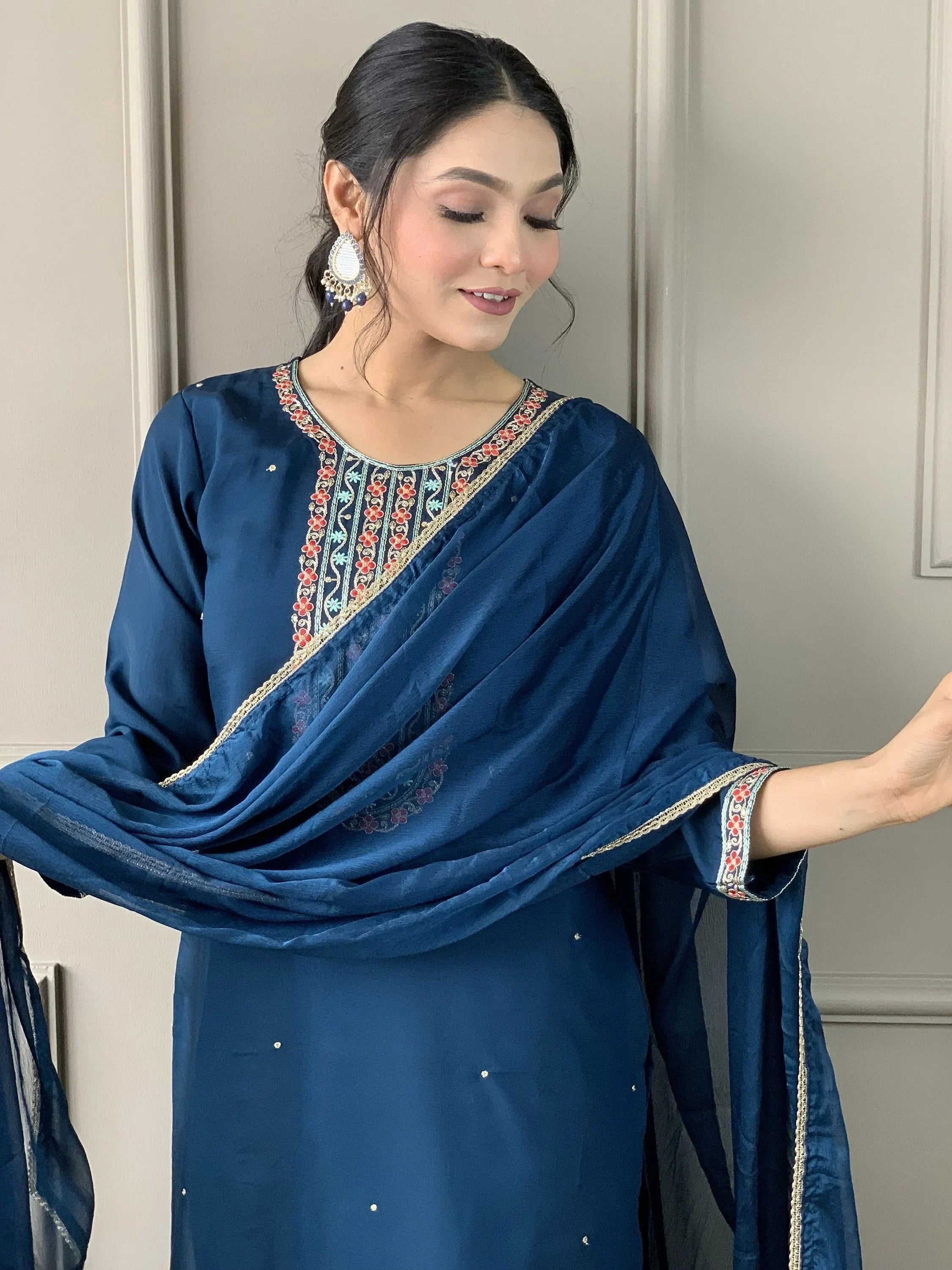 Endearing Blue Embroidery Work Chanderi Silk Event Wear Pant Suit