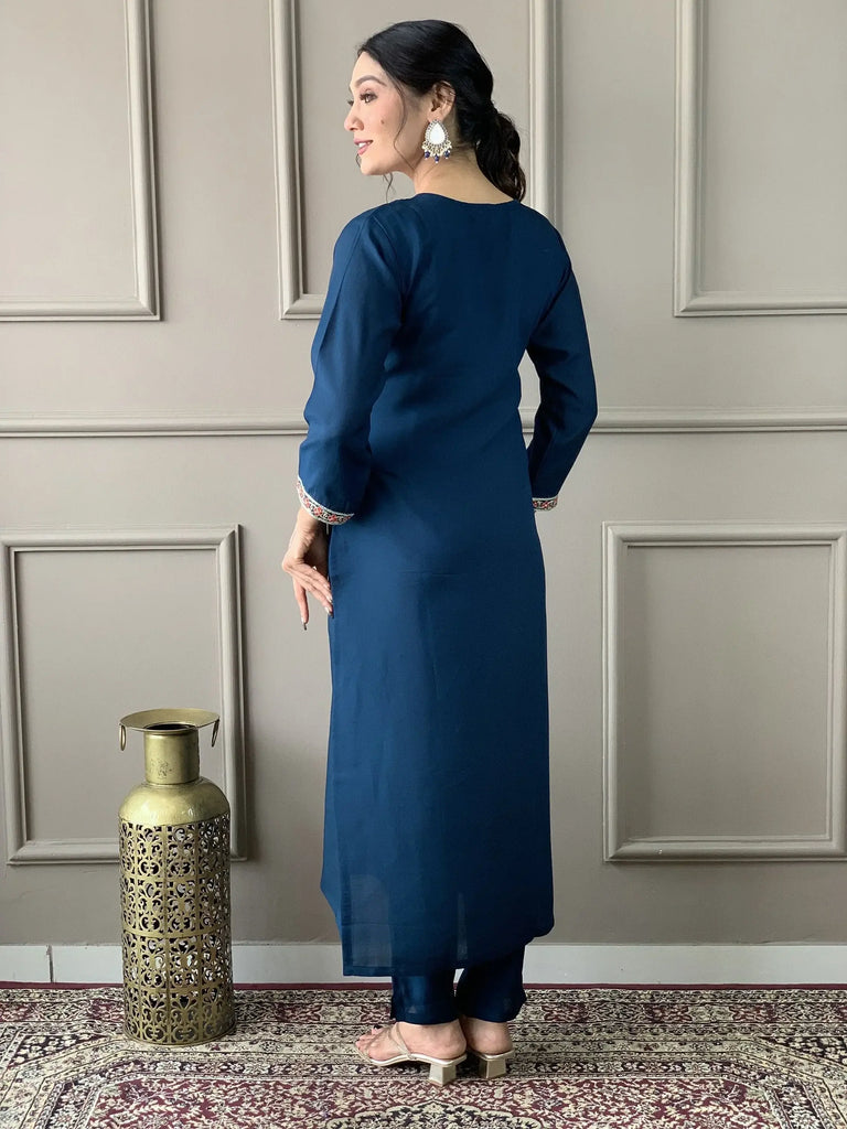 Endearing Blue Embroidery Work Chanderi Silk Event Wear Pant Suit