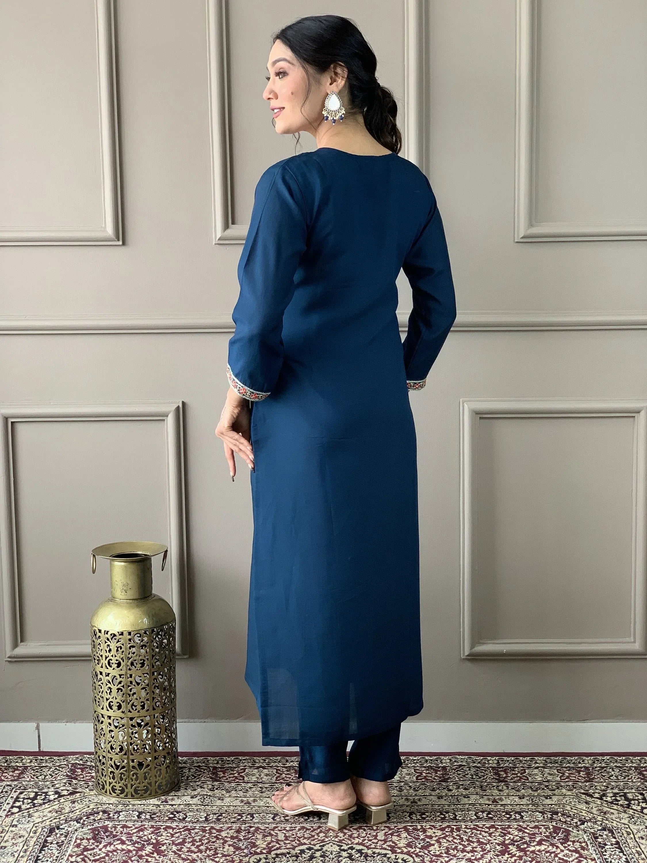 Endearing Blue Embroidery Work Chanderi Silk Event Wear Pant Suit