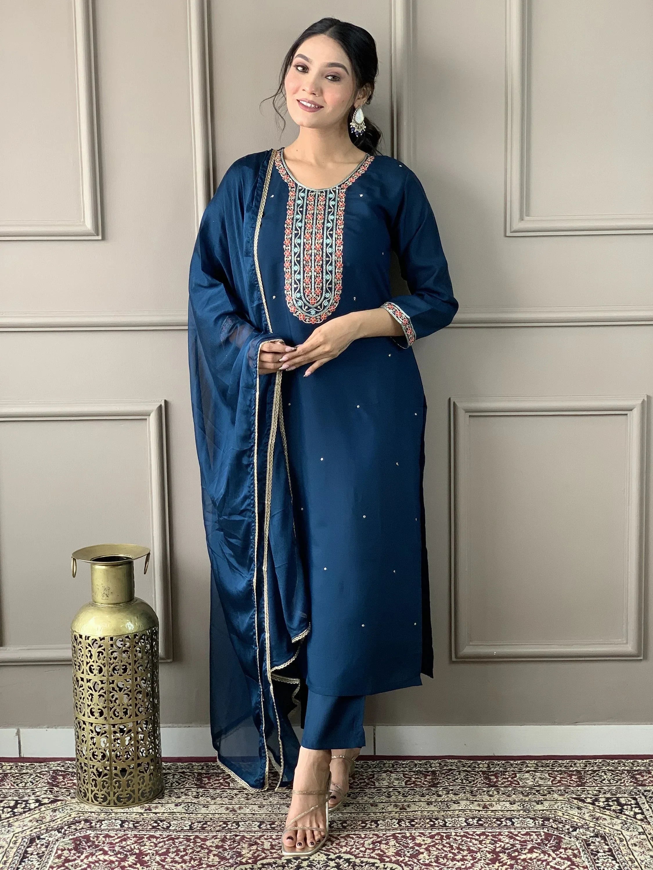 Endearing Blue Embroidery Work Chanderi Silk Event Wear Pant Suit