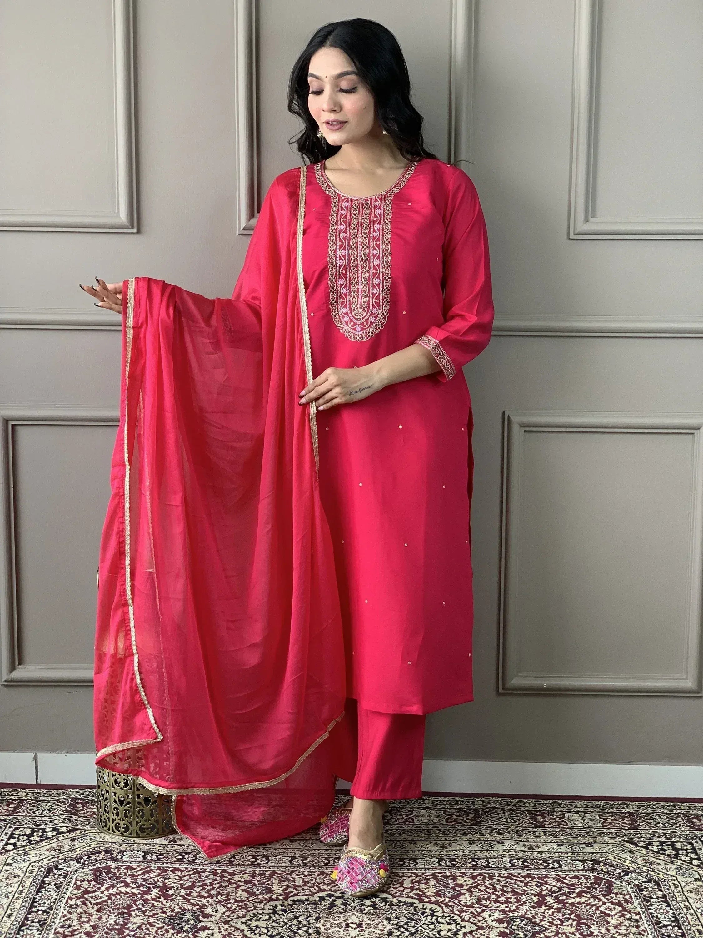 Pink embroidered salwar kameez with matching dupatta, ethnic Indian wear for women