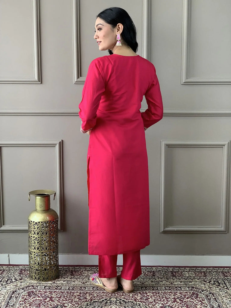 Lovely Rani Pink Embroidery Work Chanderi Silk Function Wear Pant Suit