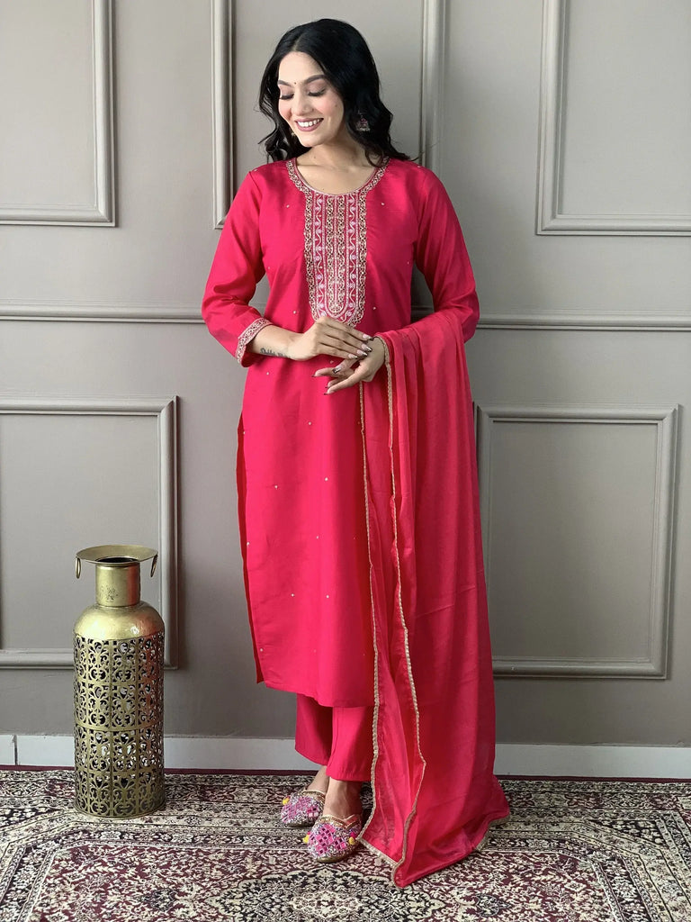 Lovely Rani Pink Embroidery Work Chanderi Silk Function Wear Pant Suit