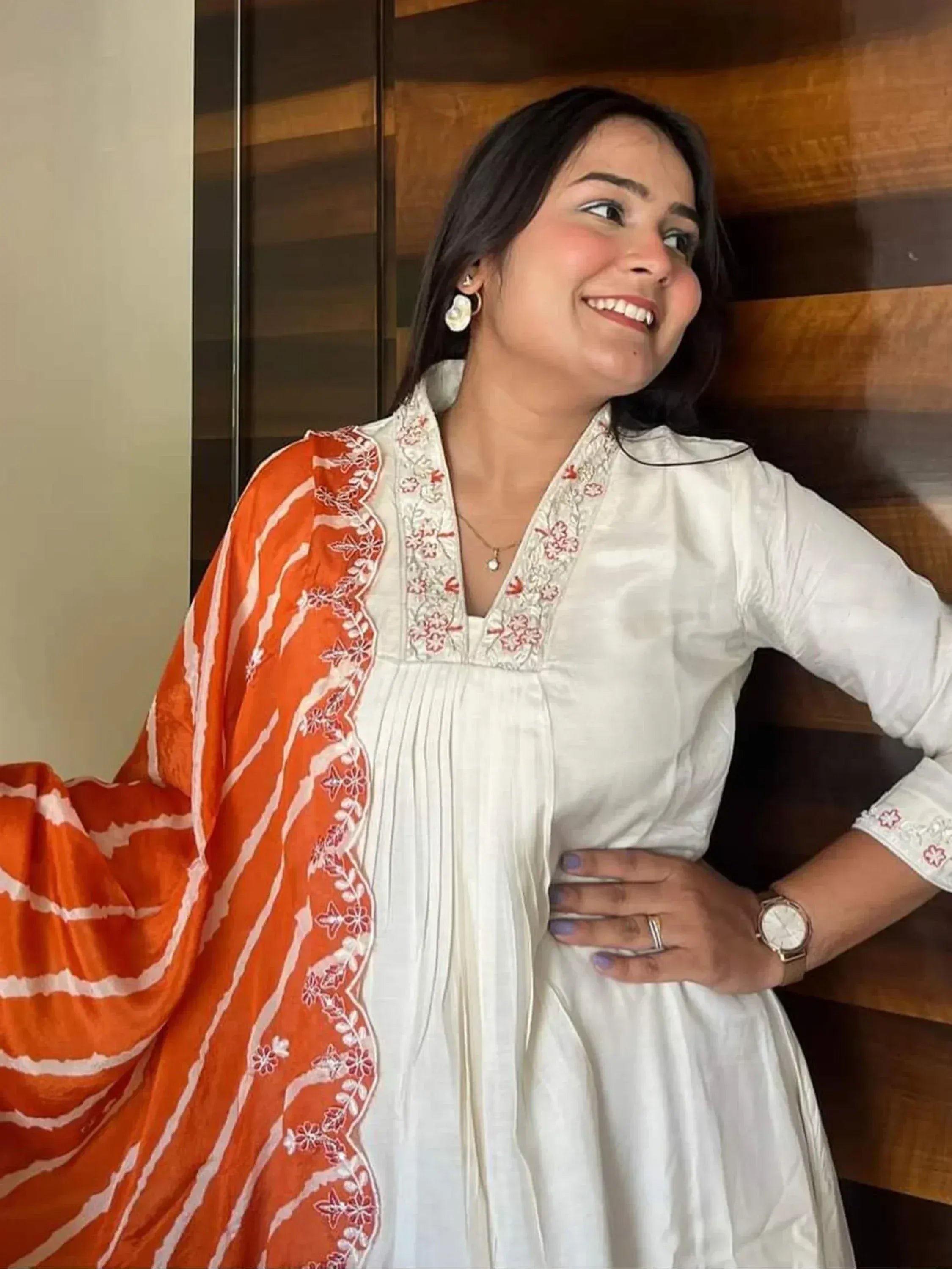 White embroidered kurta with orange dupatta, Indian ethnic wear for women