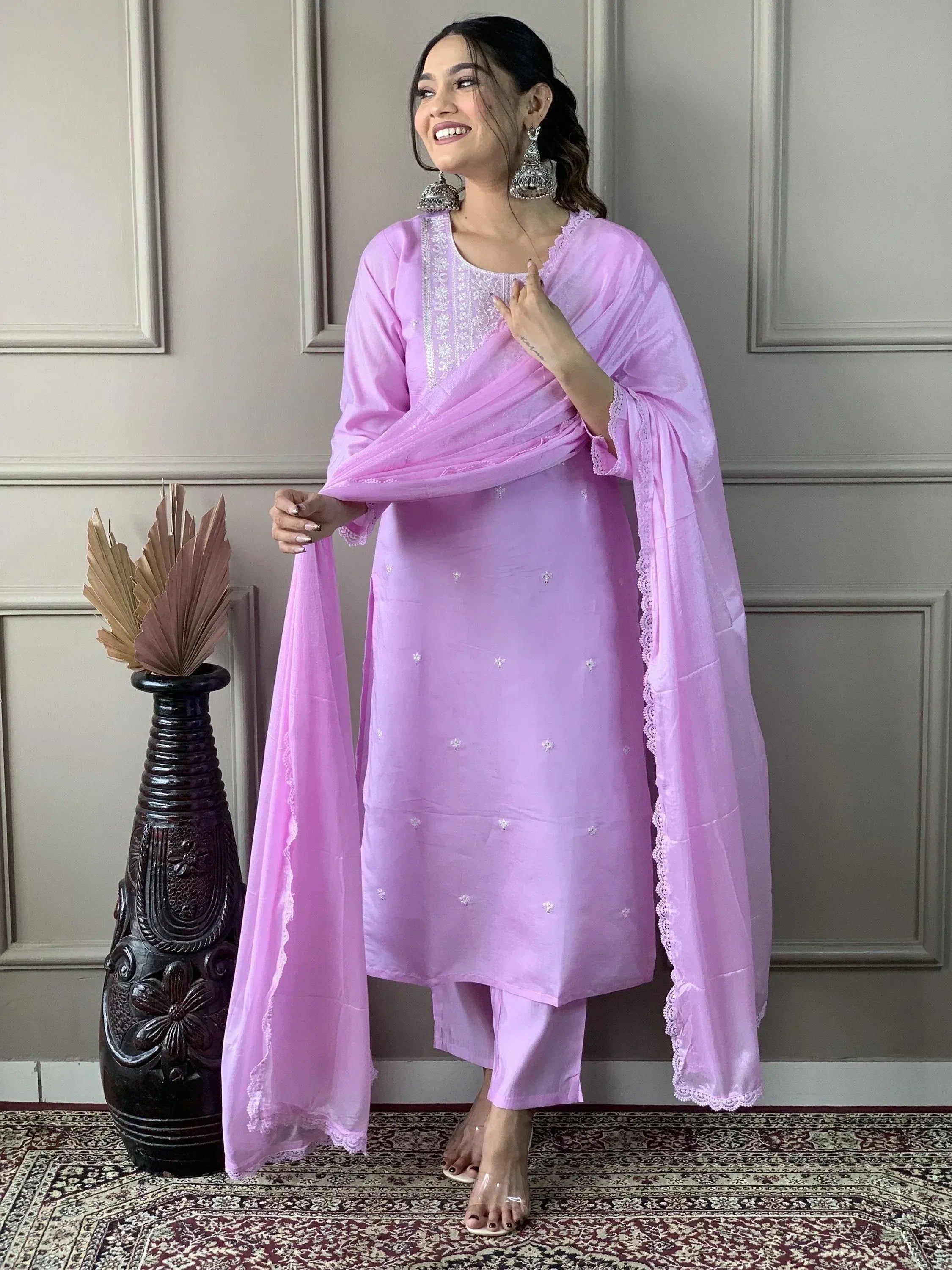 Lavender ethnic salwar kameez with lace dupatta, perfect for Indian festive wear or daily styling