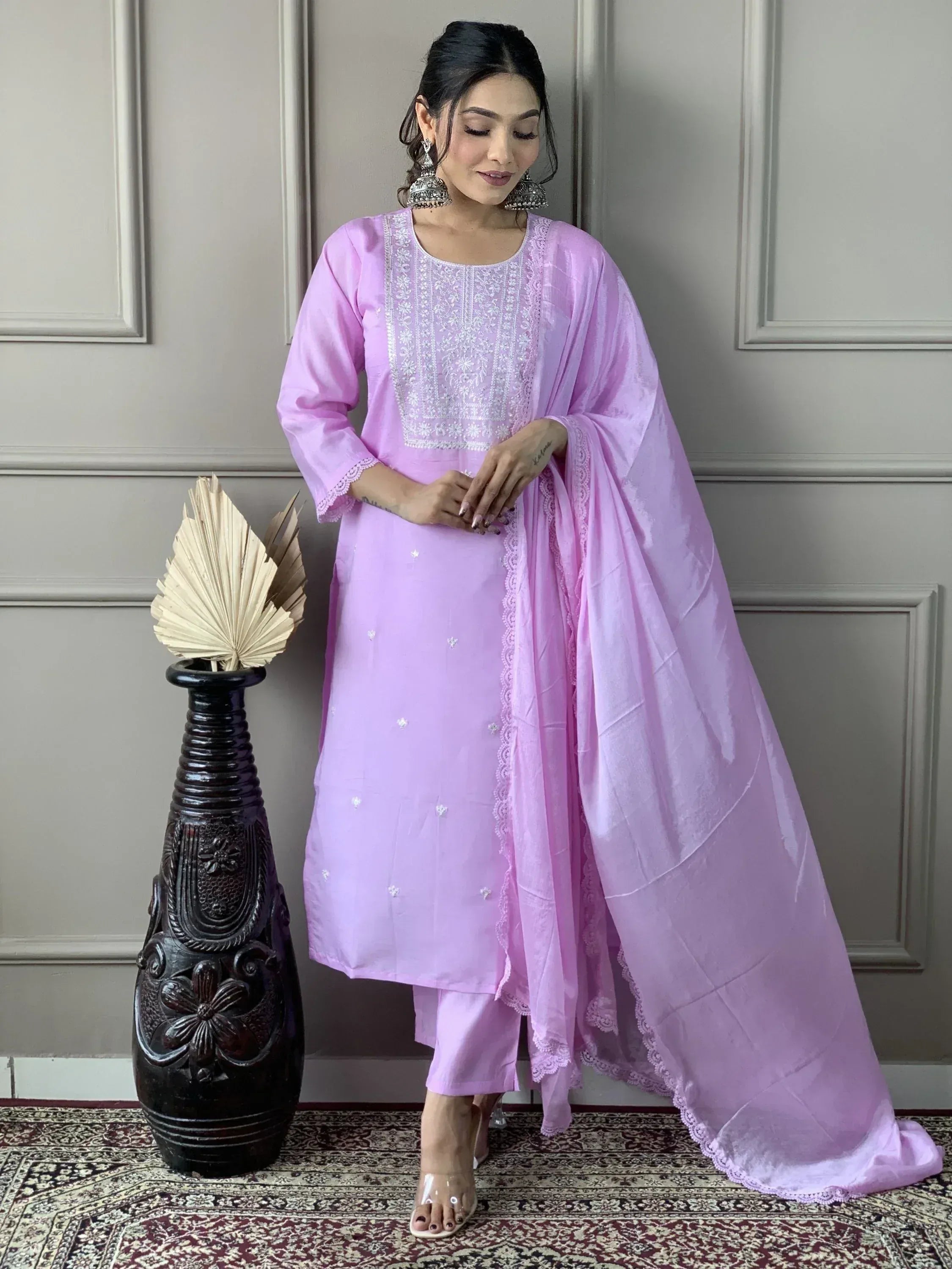 Lavender ethnic salwar kameez with white embroidery and lace dupatta, perfect for Indian occasions