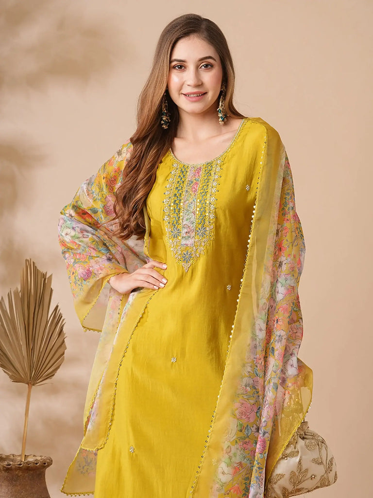 Awesome Mustard Color Embroidery Work Haldi Wear Pant Suit