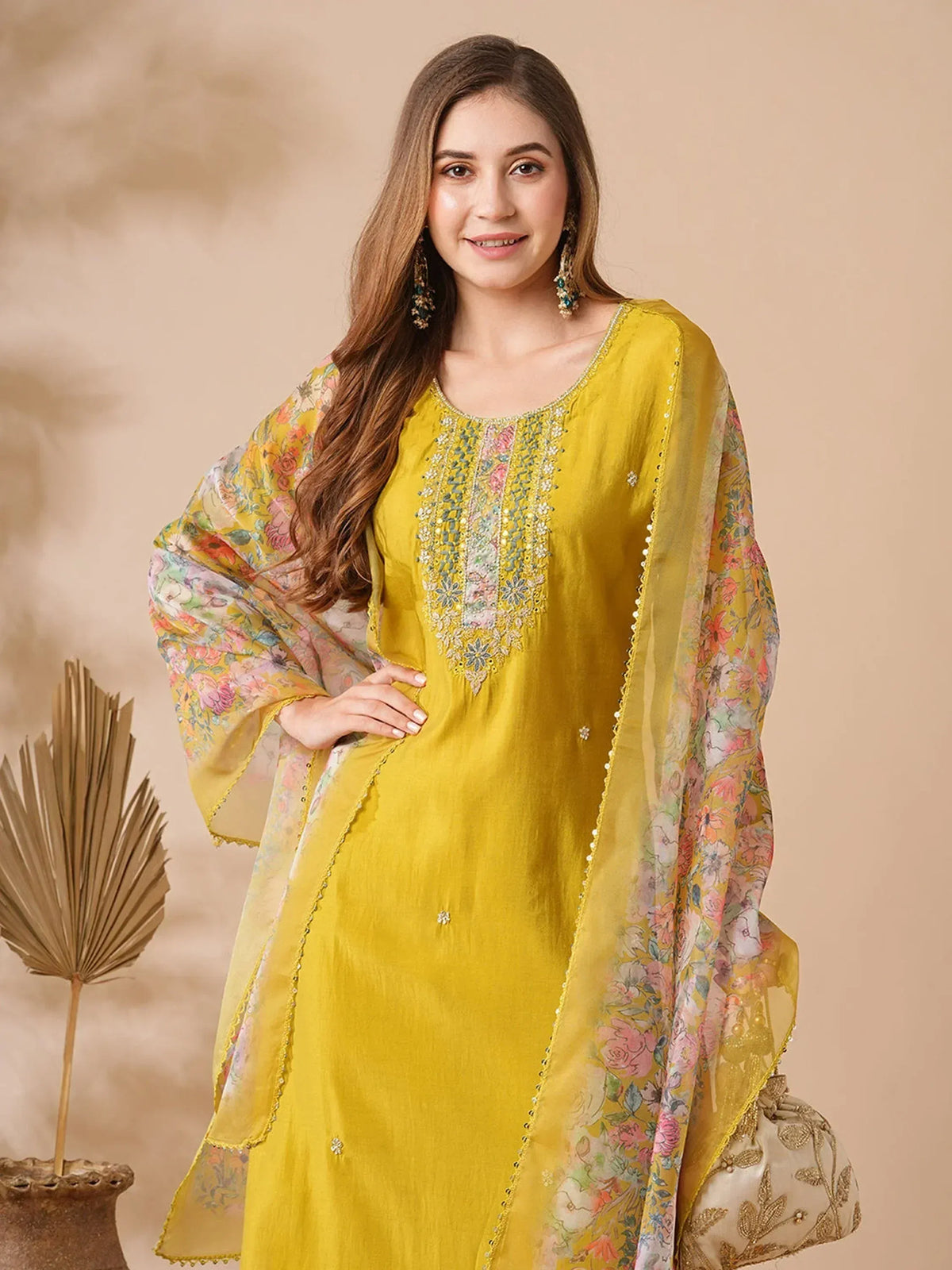 Yellow embroidered salwar kameez with floral dupatta, Indian ethnic wear for women