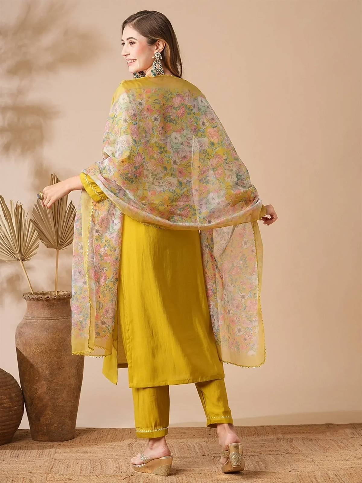 Yellow floral printed ethnic salwar kameez with dupatta, perfect for Indian occasions