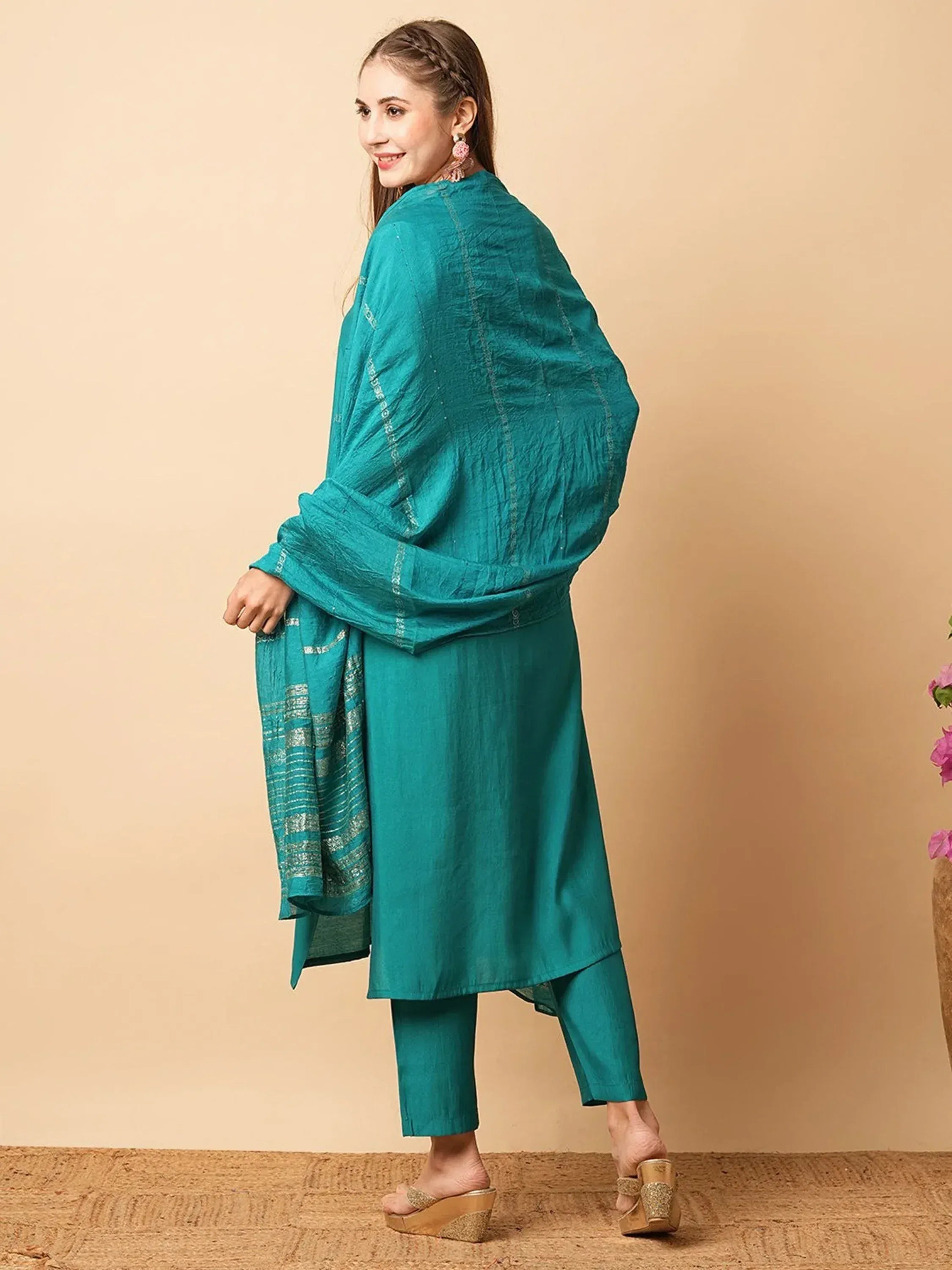Teal ethnic salwar kameez with matching dupatta, stylish Indian wear for women