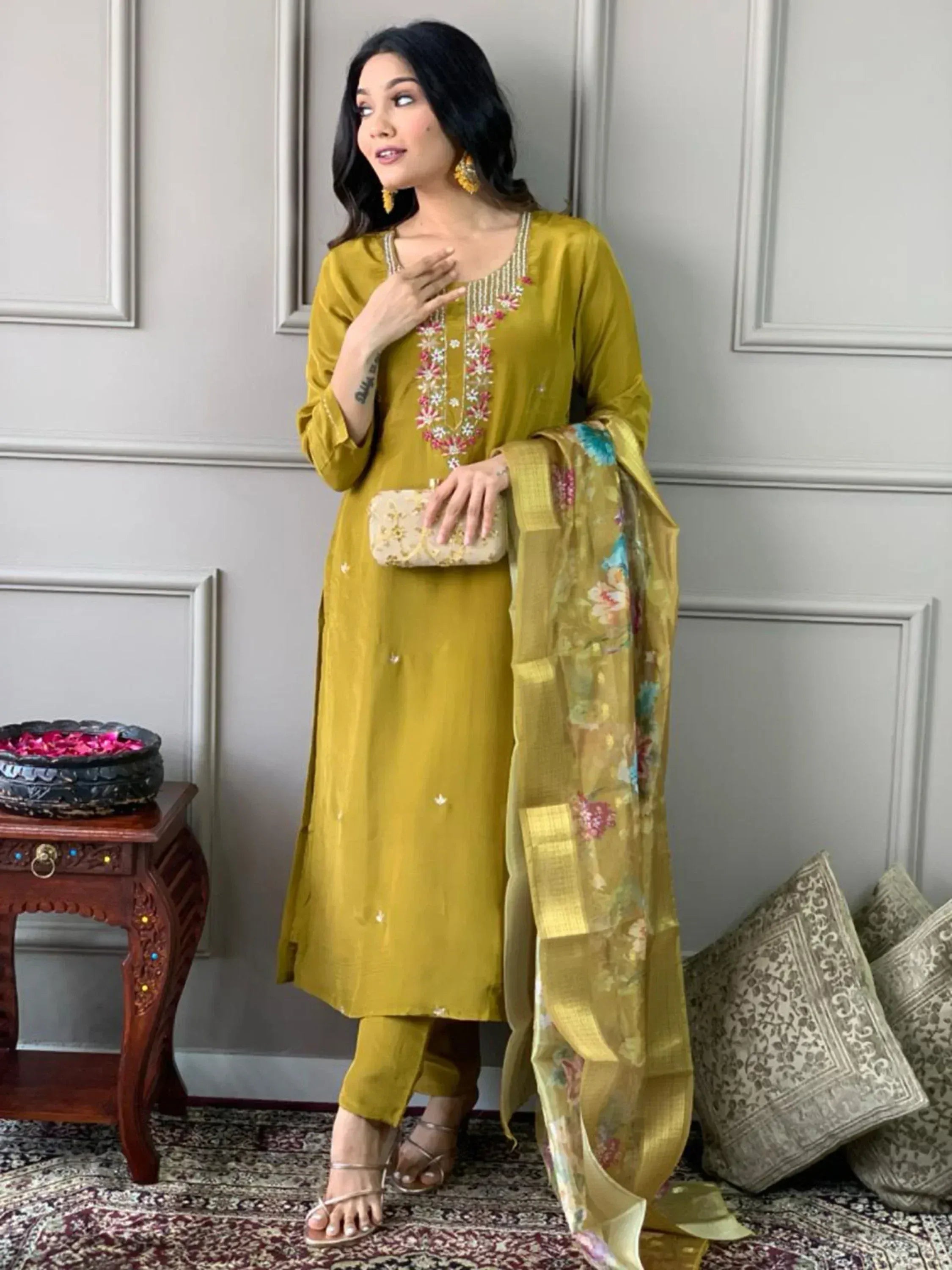 Yellow embroidered salwar kameez with floral dupatta, perfect for Indian ethnic wear