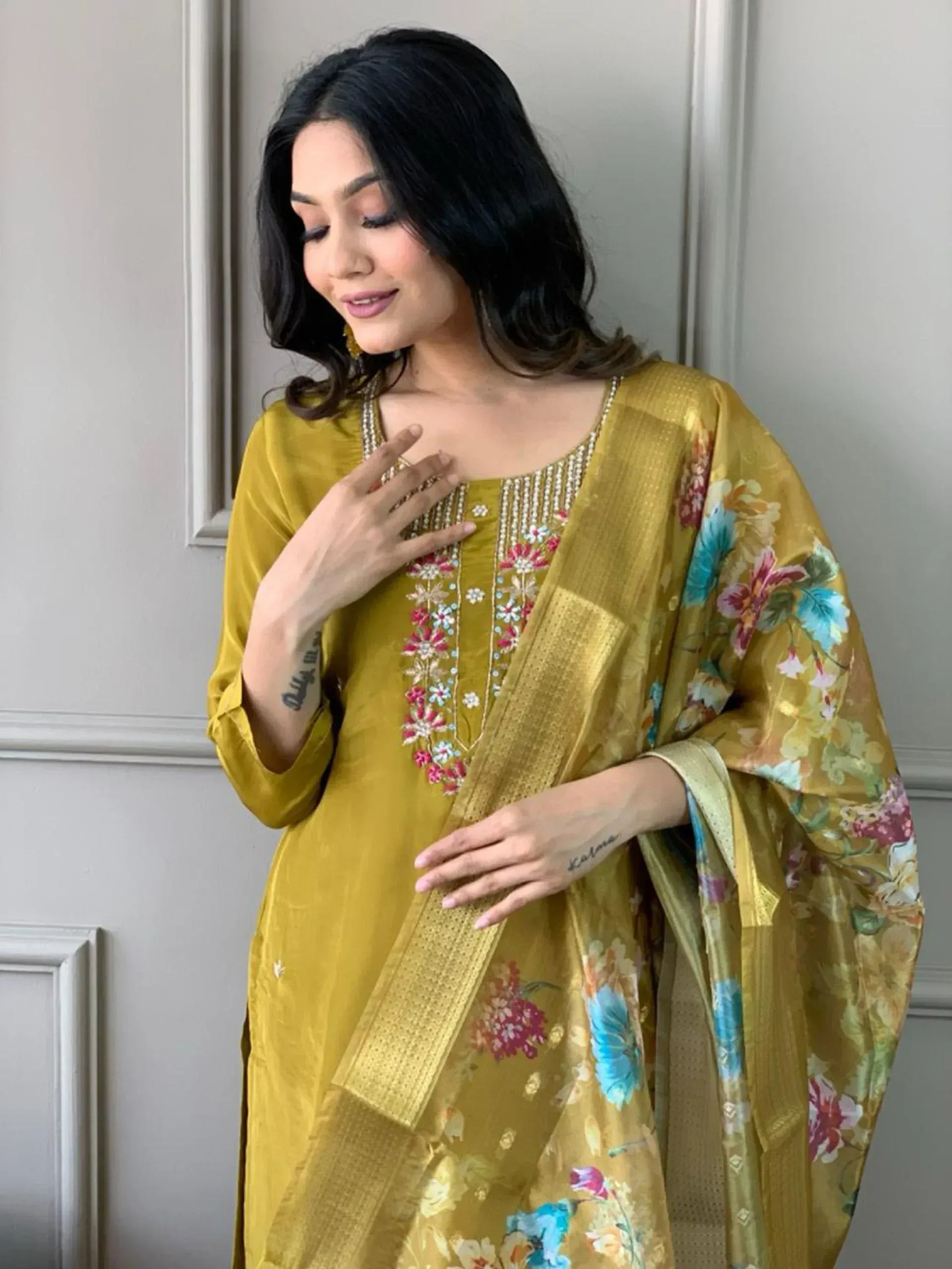 Mustard yellow embroidered kurta with floral dupatta, Indian ethnic wear for women