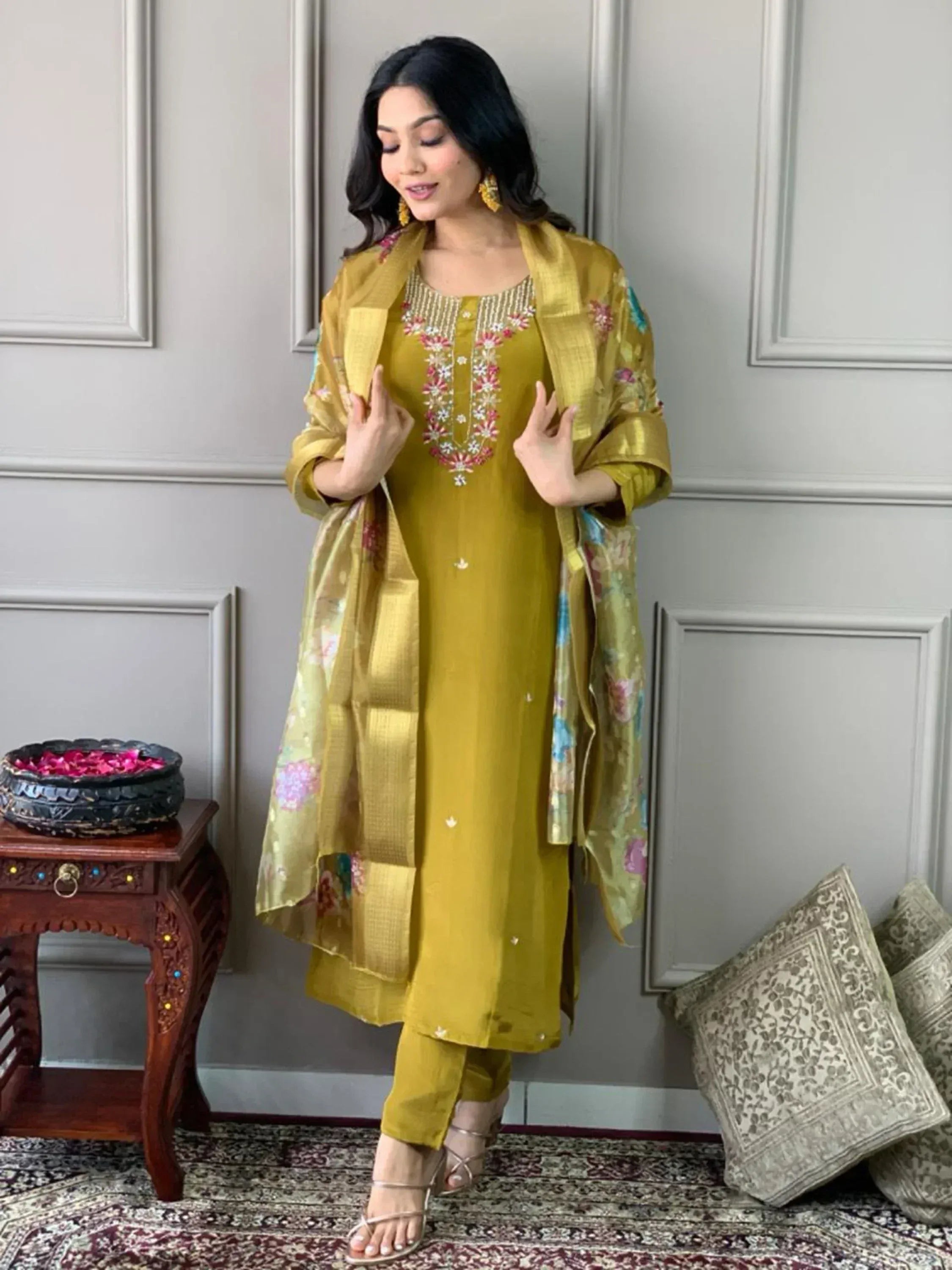 Elegant mustard yellow ethnic kurti with floral embroidery and matching dupatta for festive occasions