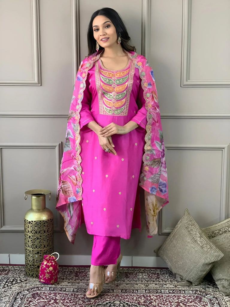 Crushing Pink Embroidered Chanderi Silk Pant Suit With Dupatta
