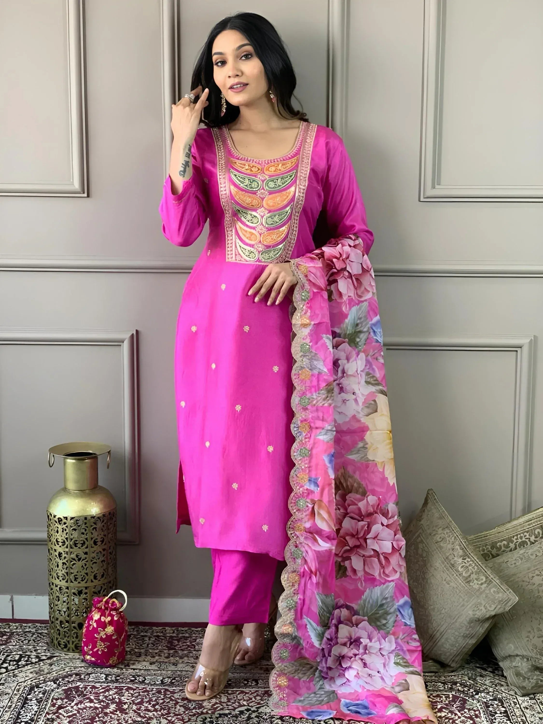 Pink embroidered salwar kameez with floral dupatta, Indian ethnic wear for women