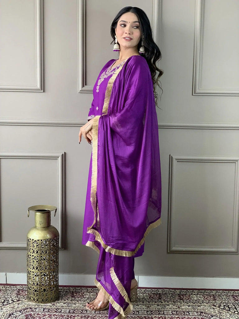 Beloved Purple Embroidered Chanderi Silk Pant Suit With Dupatta