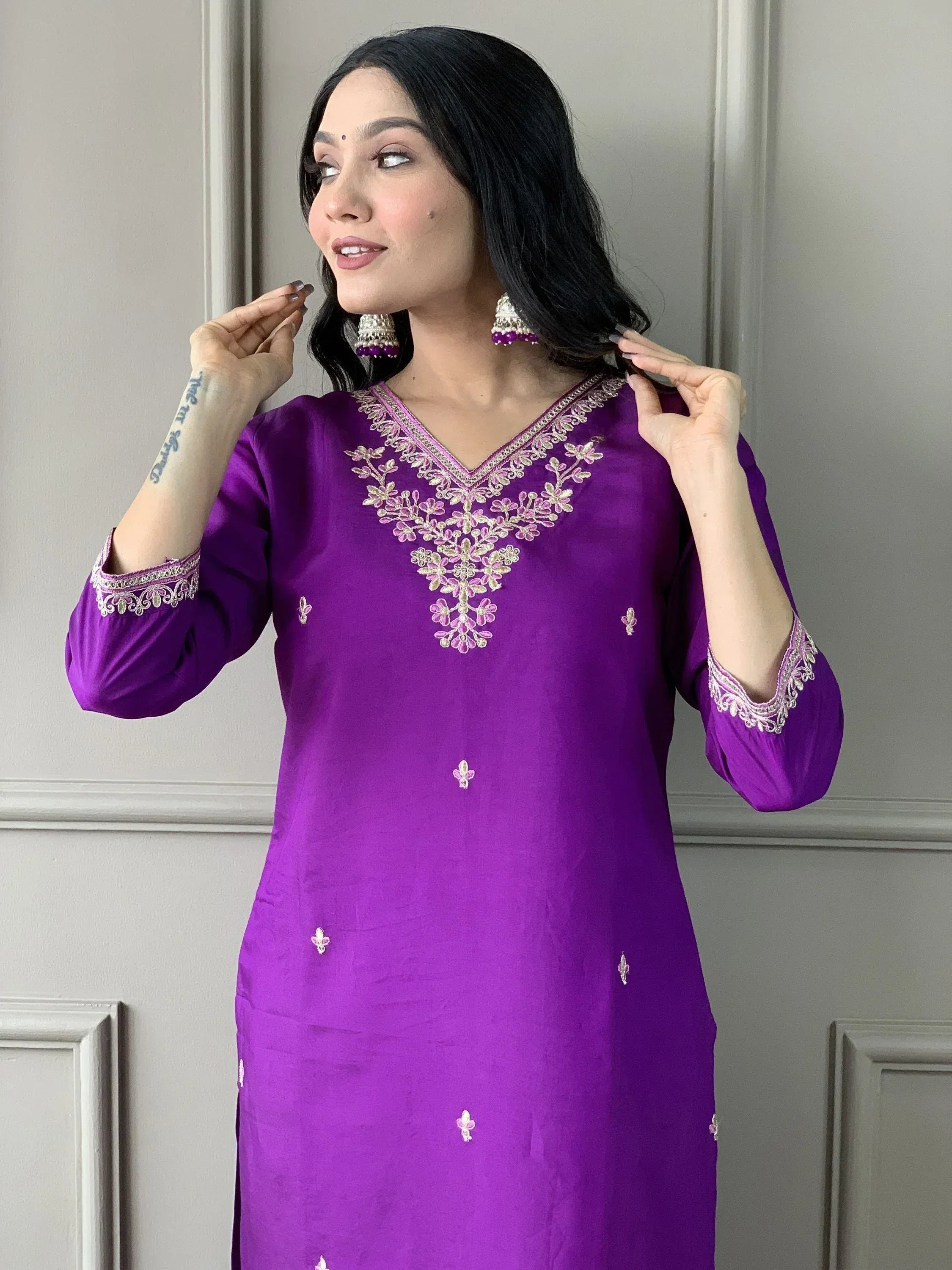 Purple ethnic kurti with floral embroidery and embellished neckline for women
