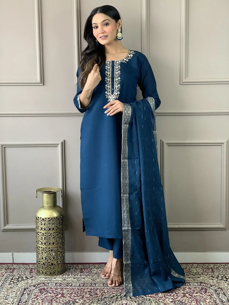 Tantalizing Blue Embroidered Chanderi Silk Function Wear Pant Suit