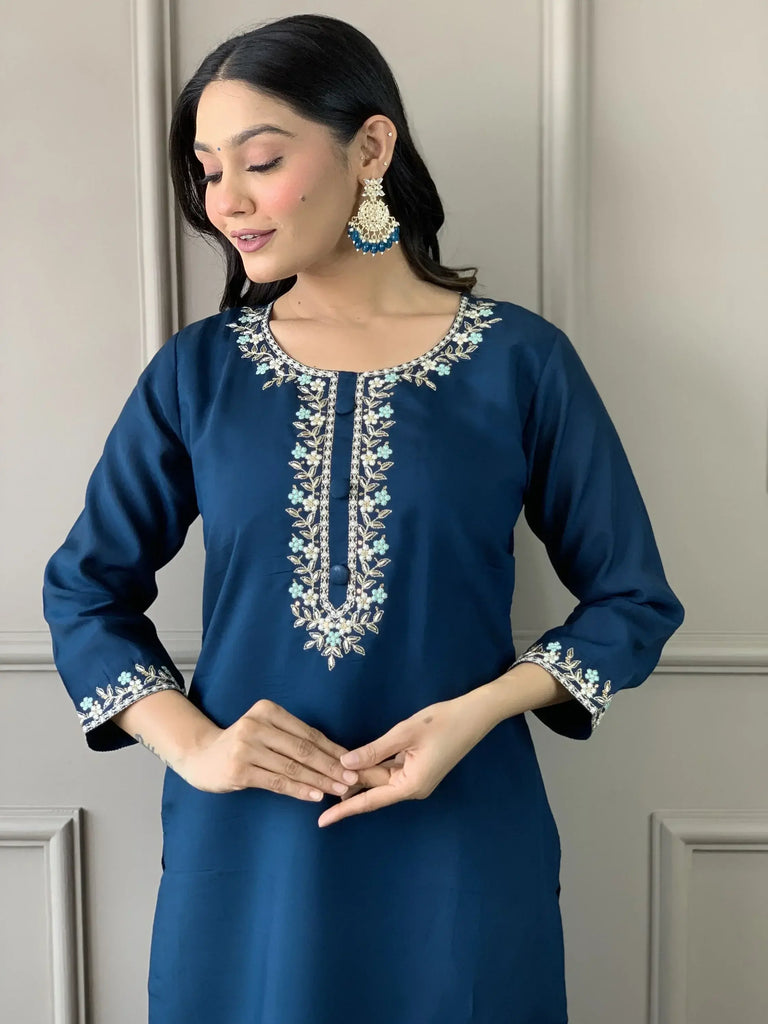 Tantalizing Blue Embroidered Chanderi Silk Function Wear Pant Suit