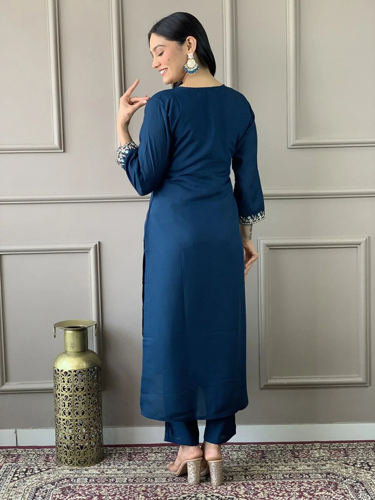 Tantalizing Blue Embroidered Chanderi Silk Function Wear Pant Suit