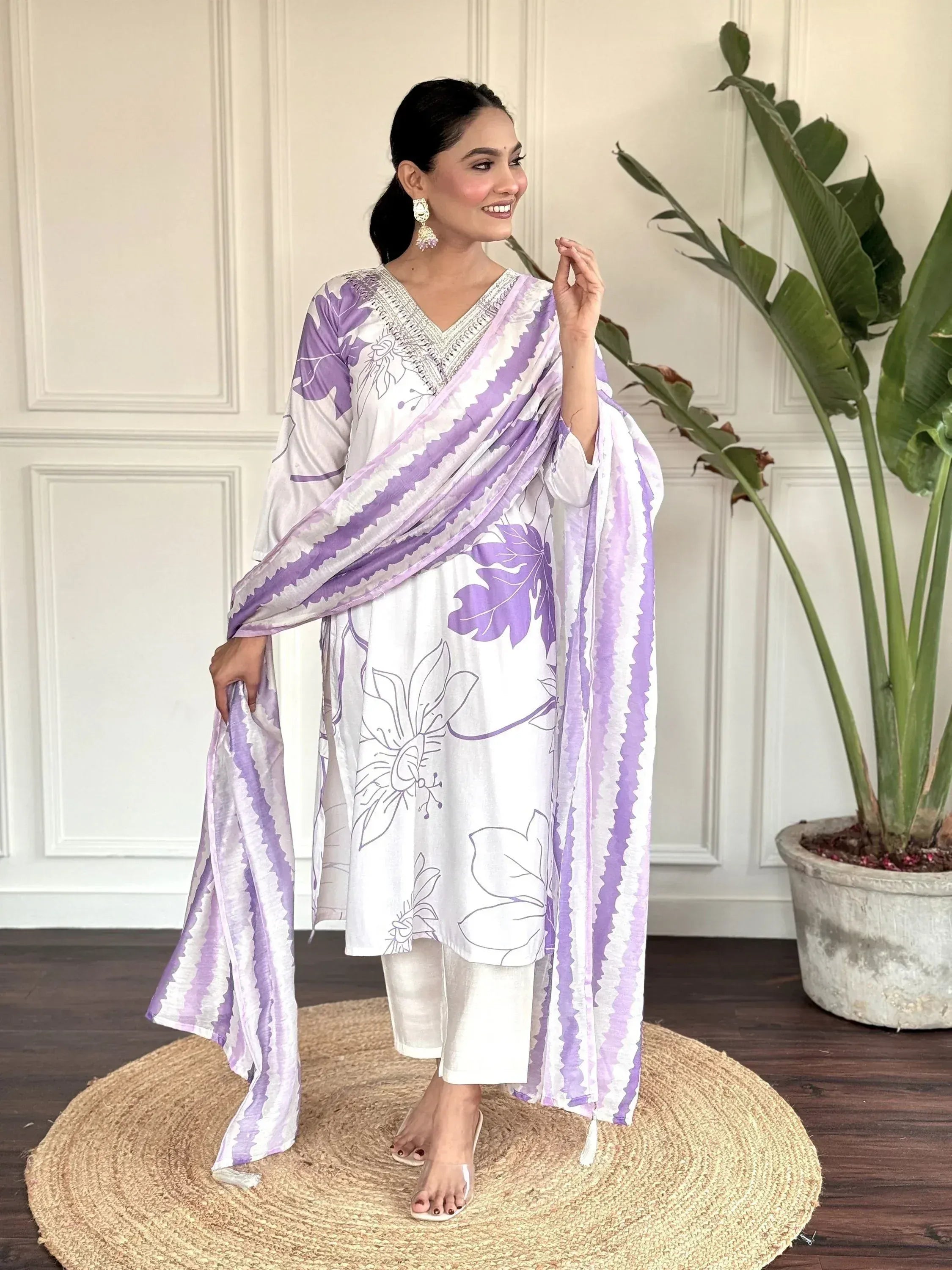 White and lavender floral printed salwar kameez with matching dupatta, ethnic wear for women