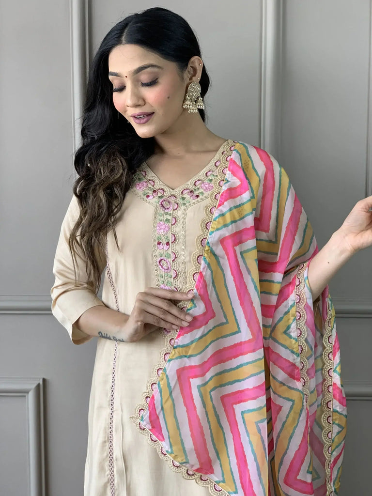 Amazing Beige Color Chanderi Silk Event Wear Pant Suit With Dupatta