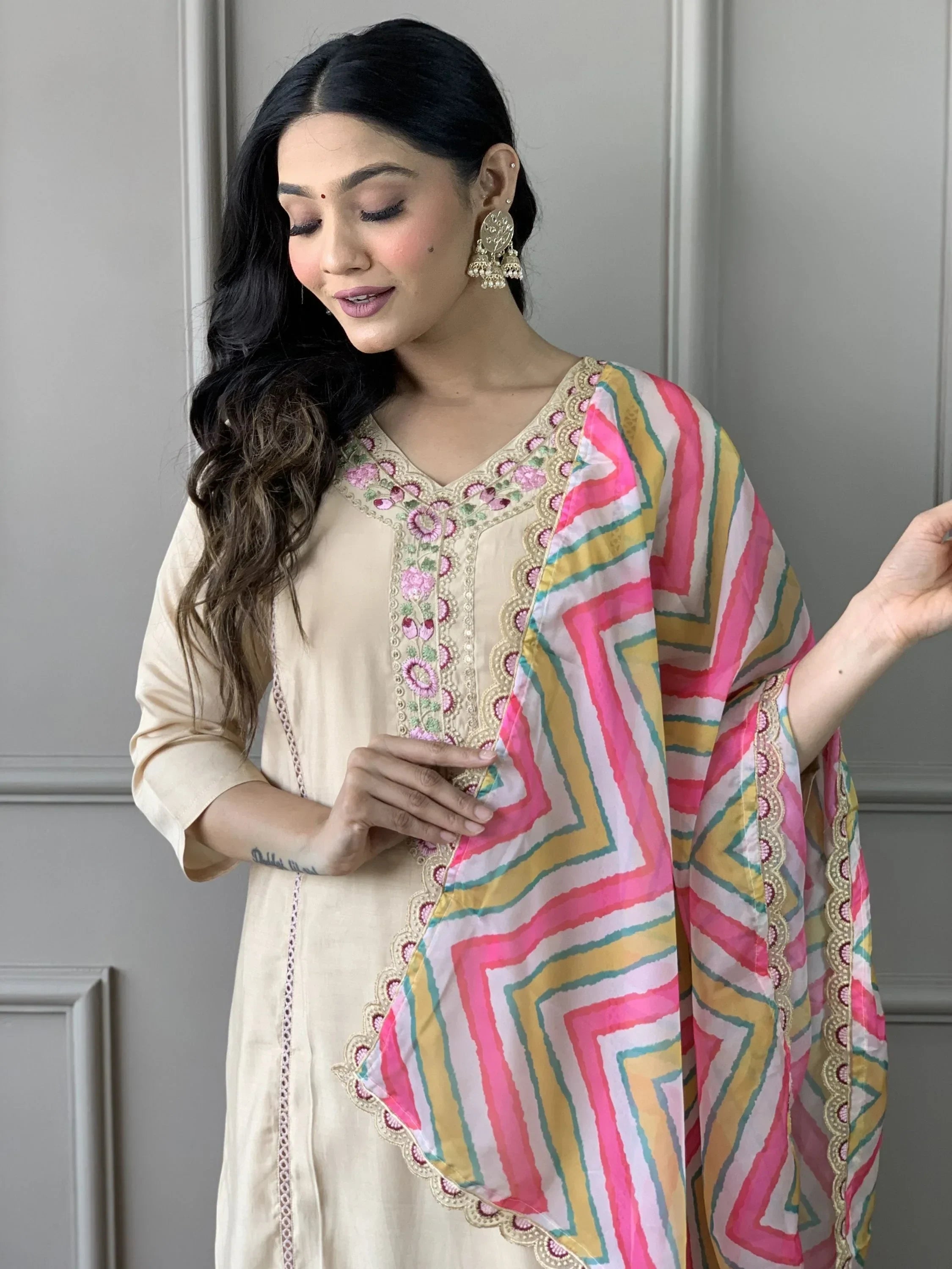 Amazing Beige Color Chanderi Silk Event Wear Pant Suit With Dupatta