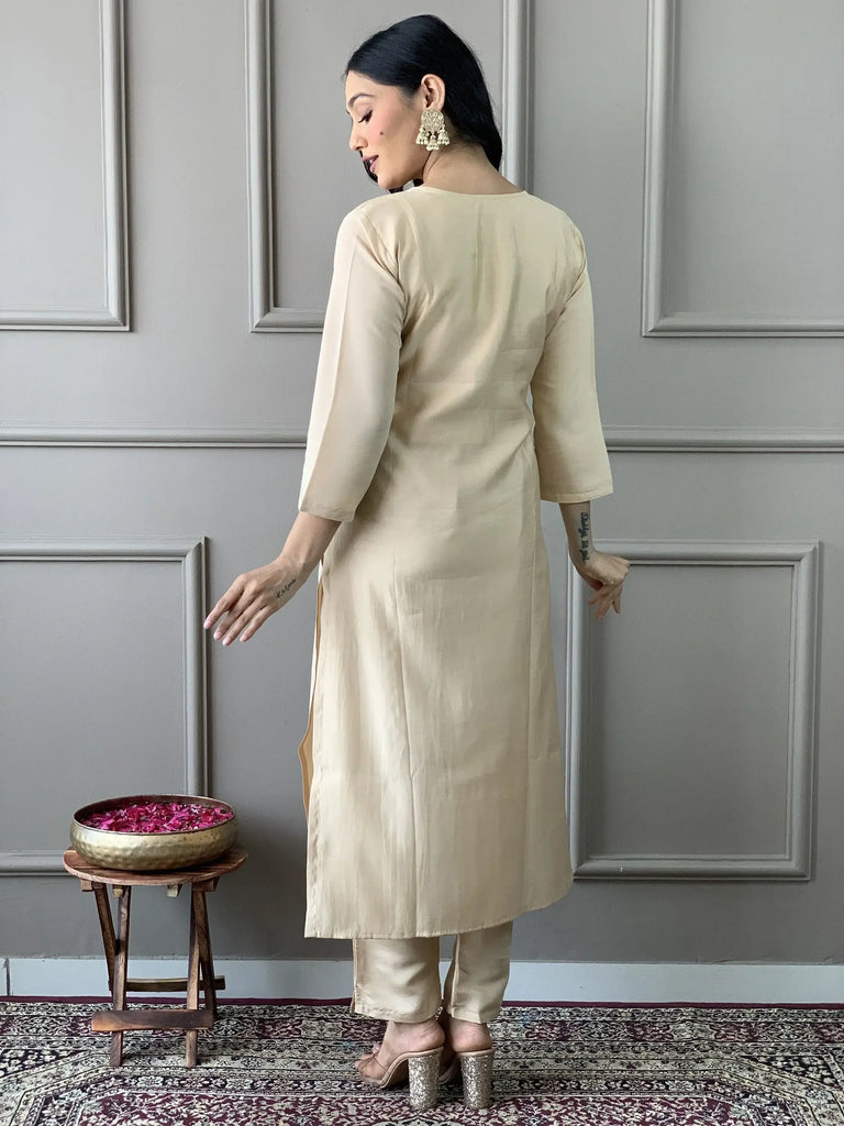 Amazing Beige Color Chanderi Silk Event Wear Pant Suit With Dupatta