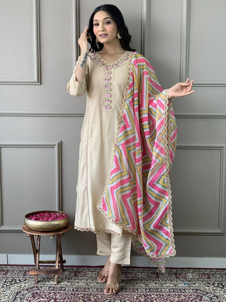 Amazing Beige Color Chanderi Silk Event Wear Pant Suit With Dupatta