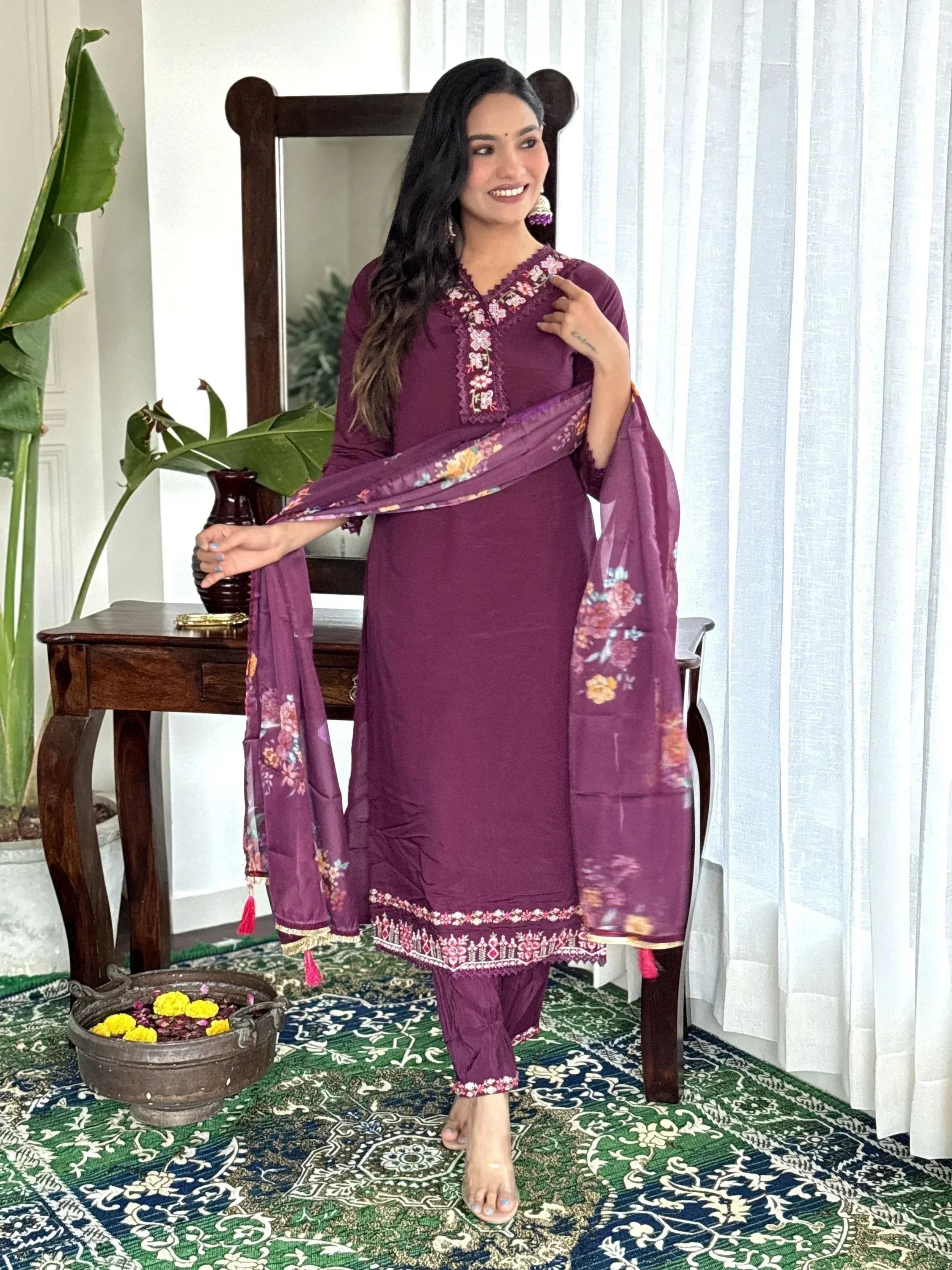Purple embroidered salwar kameez with floral dupatta, Indian ethnic wear for women