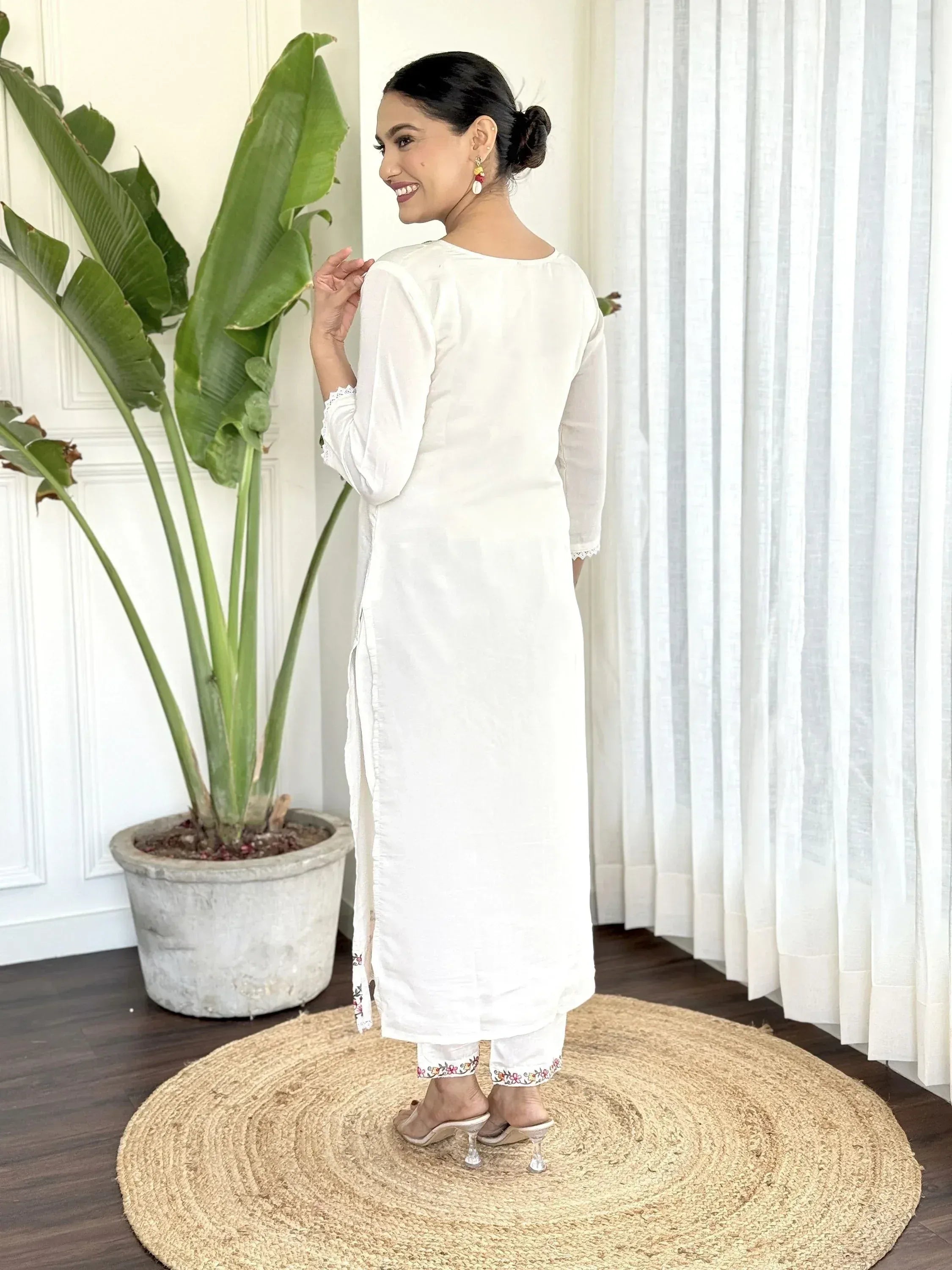 White embroidered kurta with matching pants, ethnic wear for women, stylish Indian outfit