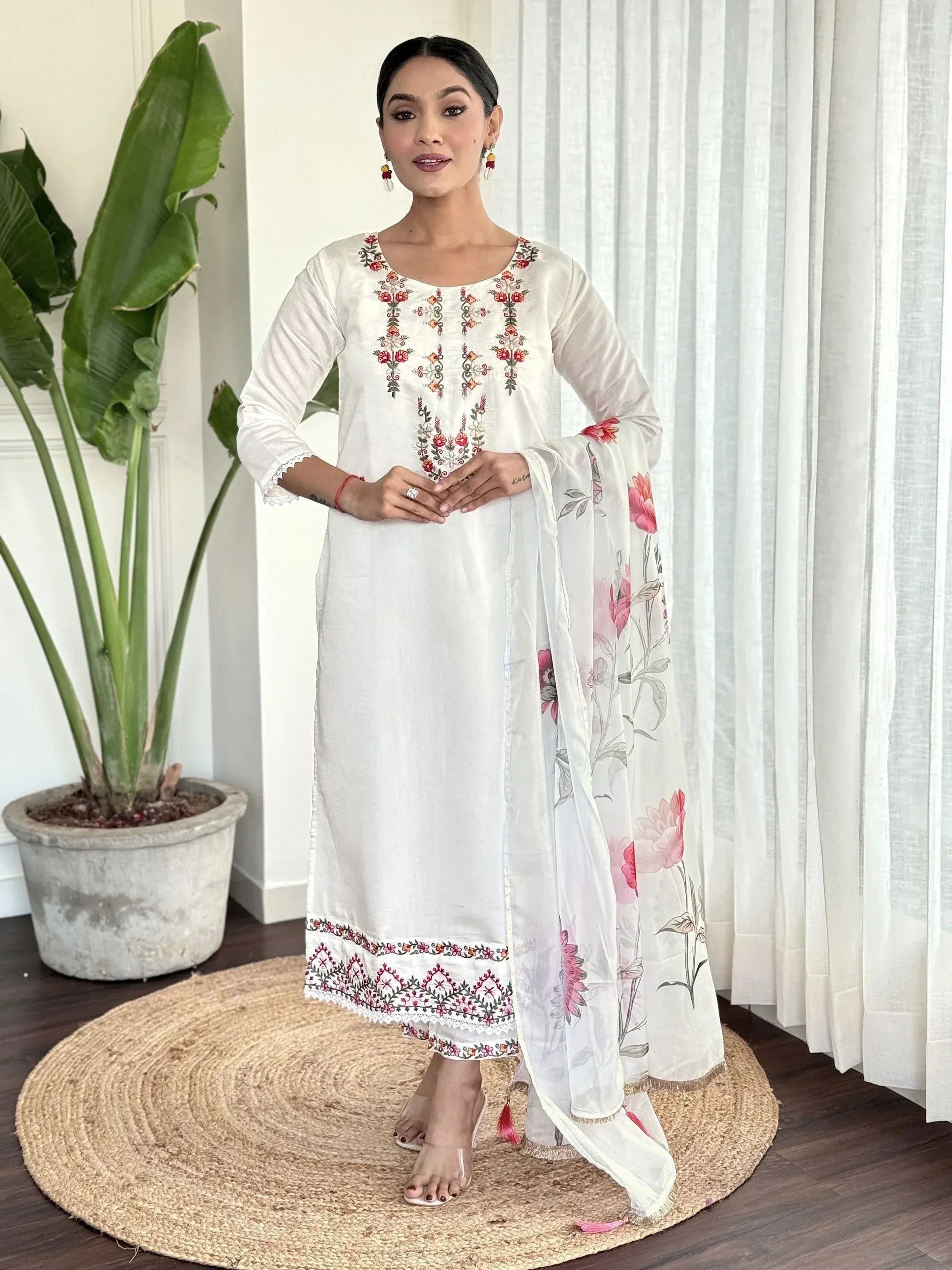 White embroidered kurta with floral dupatta, Indian ethnic wear for women