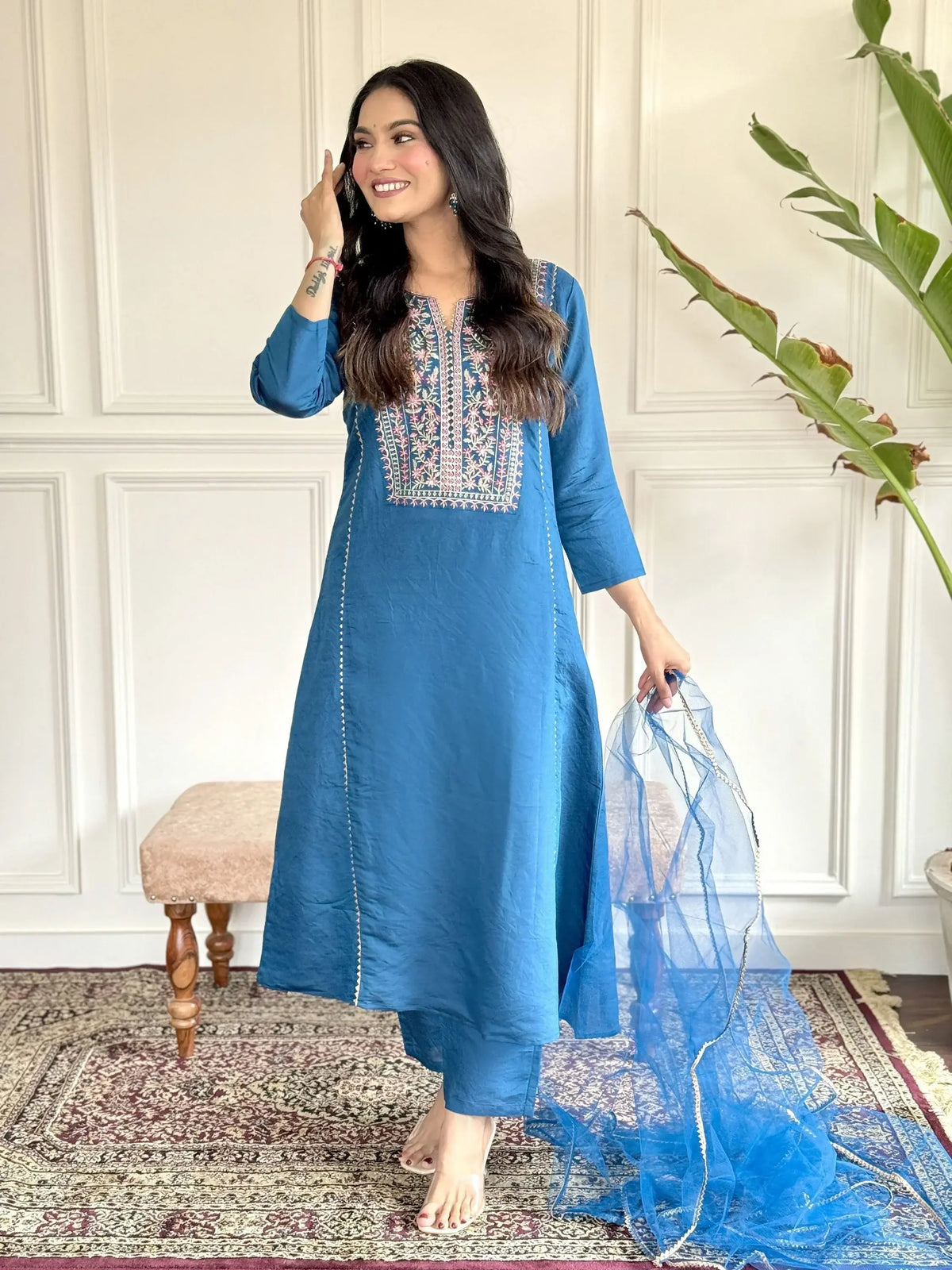 Beautiful Blue Chanderi Silk Function Wear Pant Suit With Net Dupatta