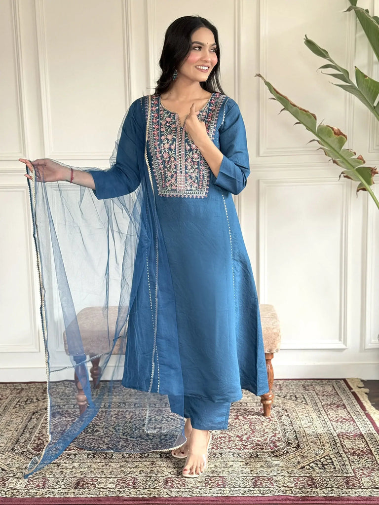 Beautiful Blue Chanderi Silk Function Wear Pant Suit With Net Dupatta