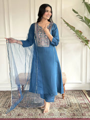 Beautiful Blue Chanderi Silk Function Wear Pant Suit With Net Dupatta