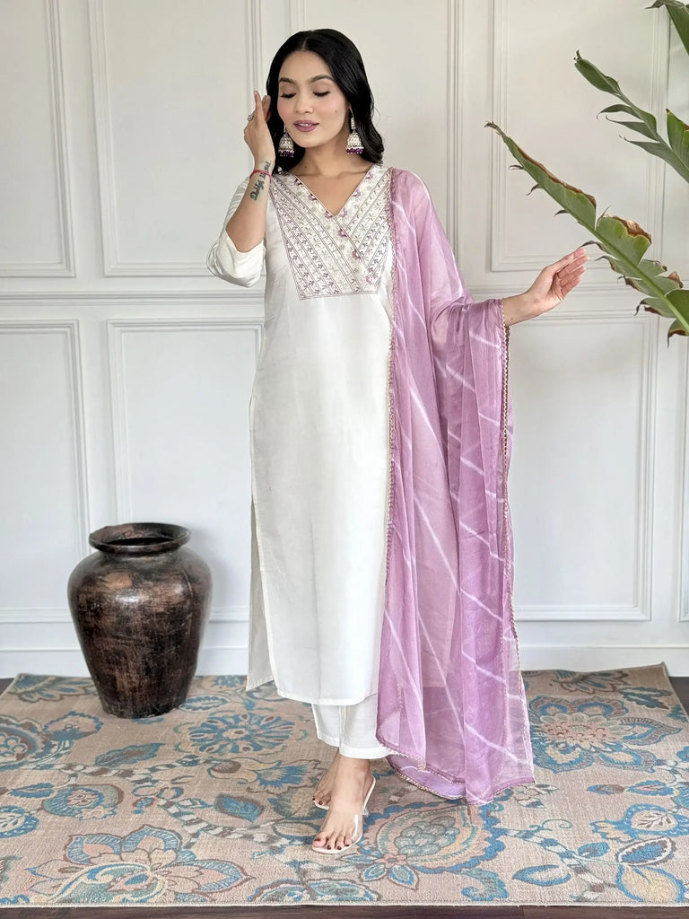 Lovely White Chanderi Silk Festival Wear Pant Suit With Dupatta
