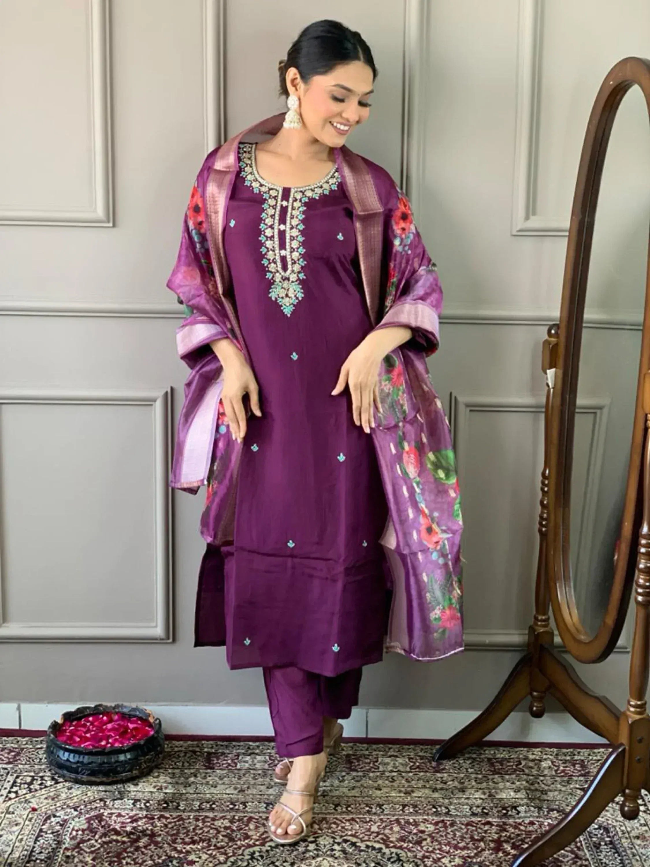 Purple embroidered salwar kameez with floral dupatta, Indian ethnic wear for women