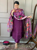 Stylish Purple Embroidered Chanderi Silk Event Wear Pant Suit