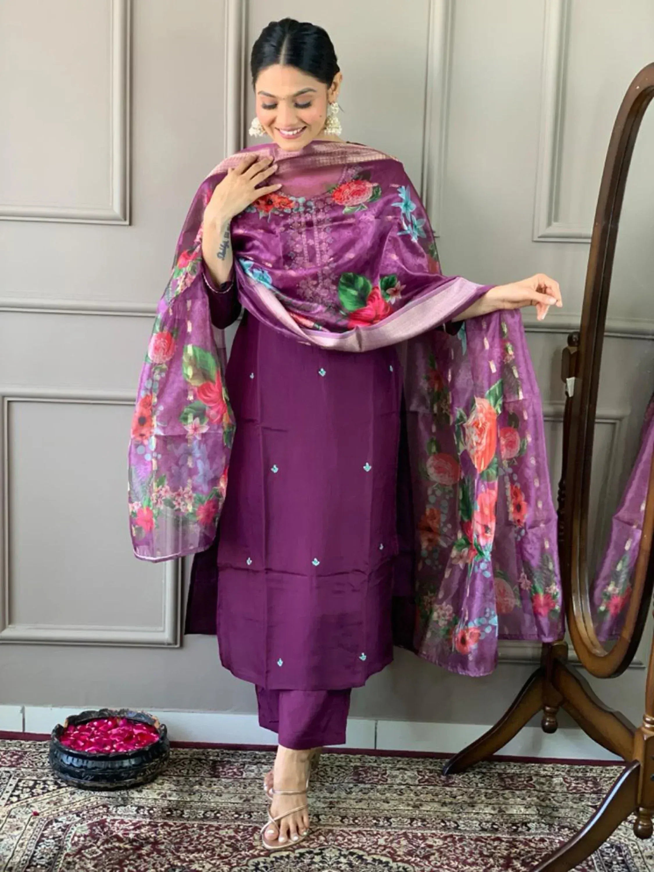 Purple floral printed salwar kameez with embroidered dupatta, ethnic Indian wear for women