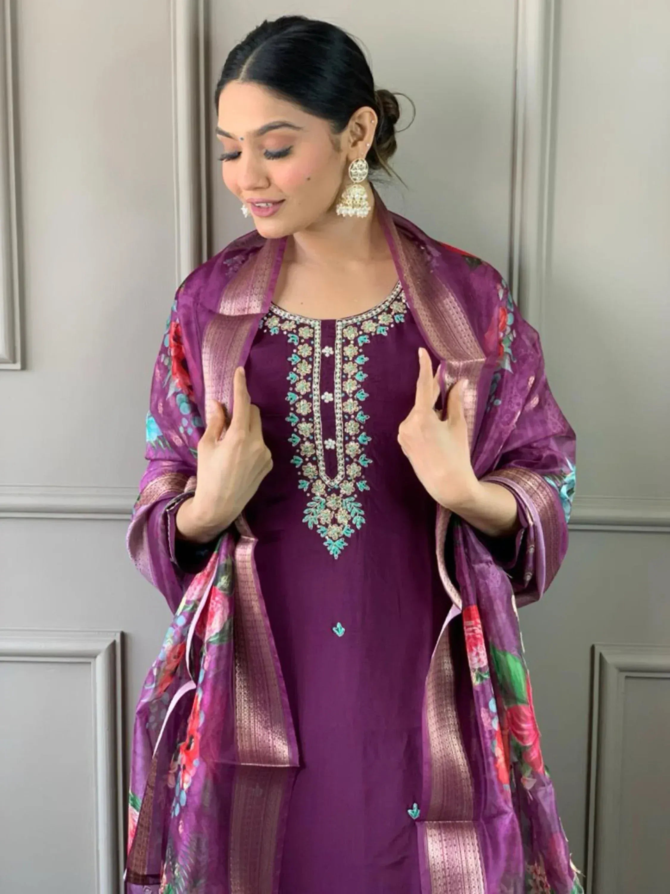 Purple embroidered kurta with floral dupatta, Indian ethnic wear for women