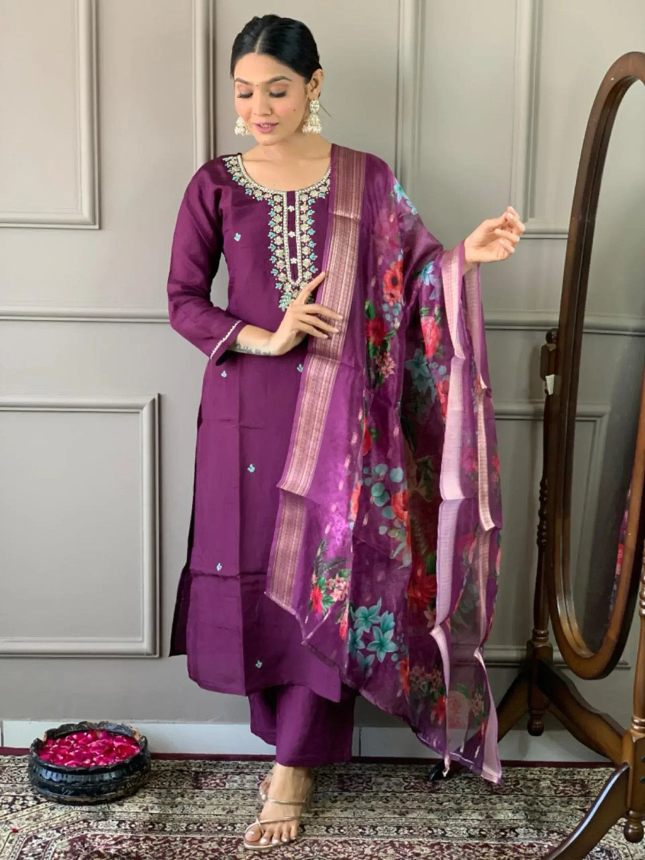 Purple embroidered salwar kameez with floral dupatta, Indian ethnic wear for women