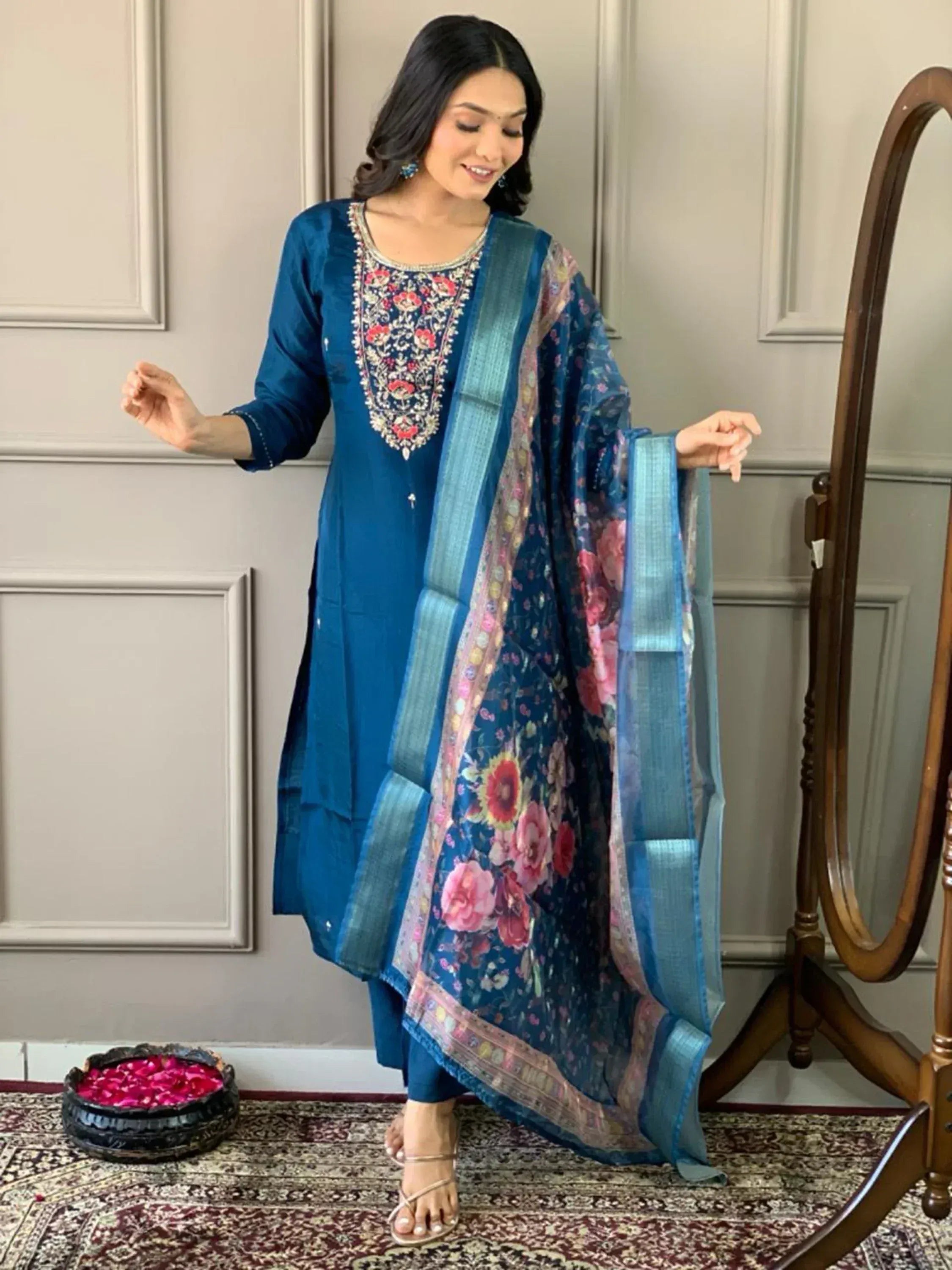 Blue embroidered kurta with floral dupatta, ethnic wear for women