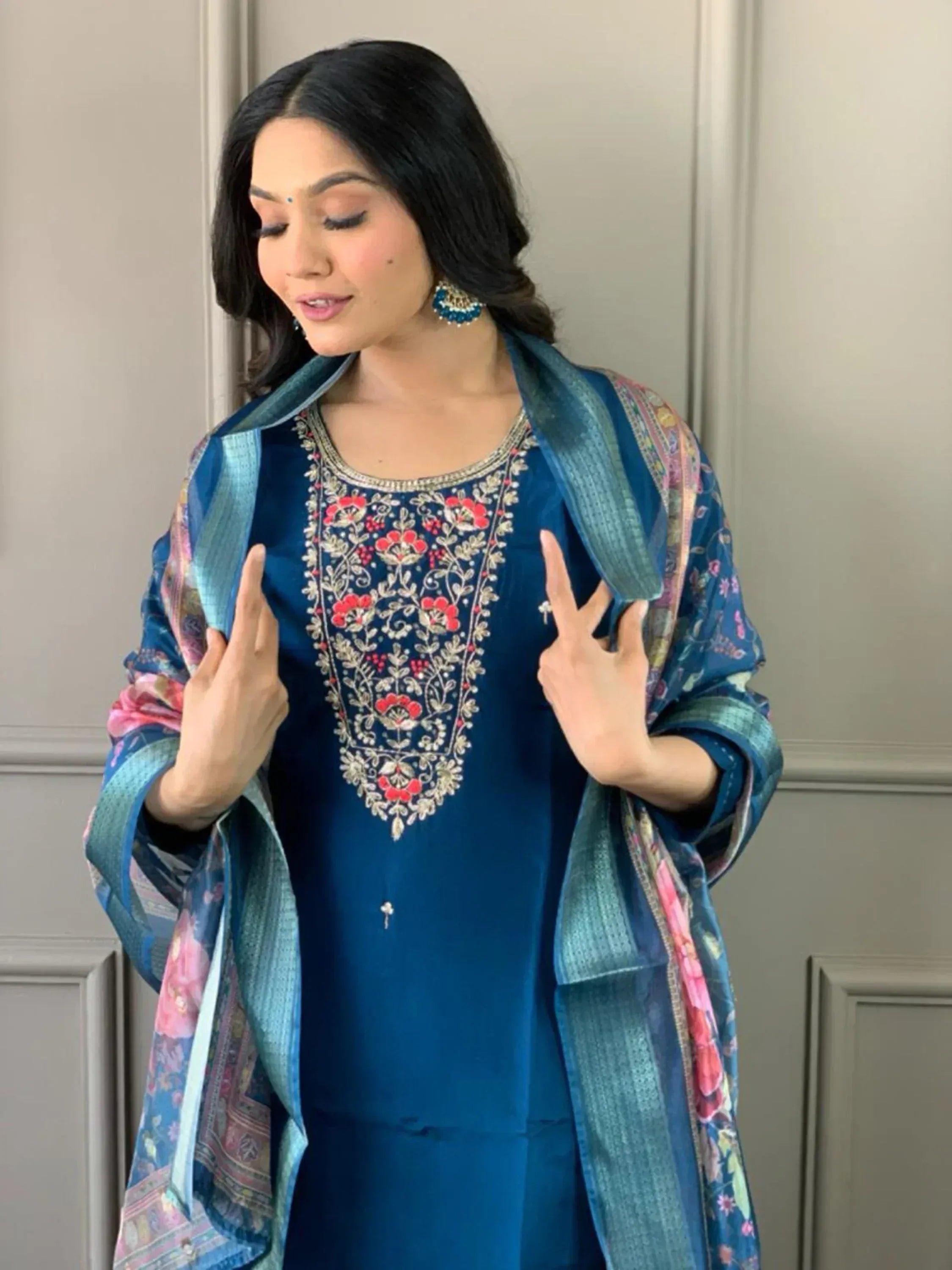 Blue embroidered salwar kameez with floral dupatta, Indian ethnic wear for women